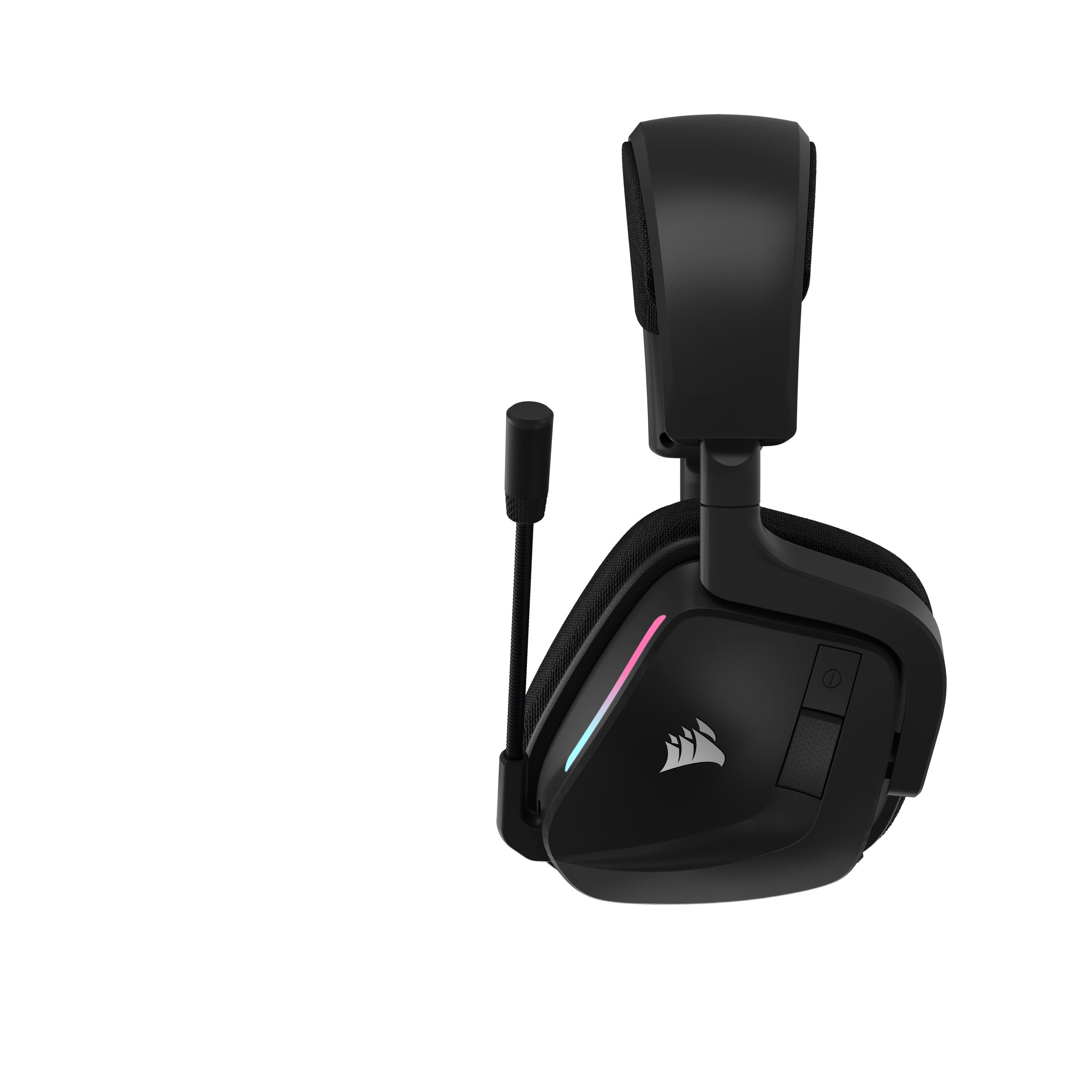 Ein schwarzes Gaming-Headset mit Mikrofon und Logo. Der Hintergrund ist weiß.