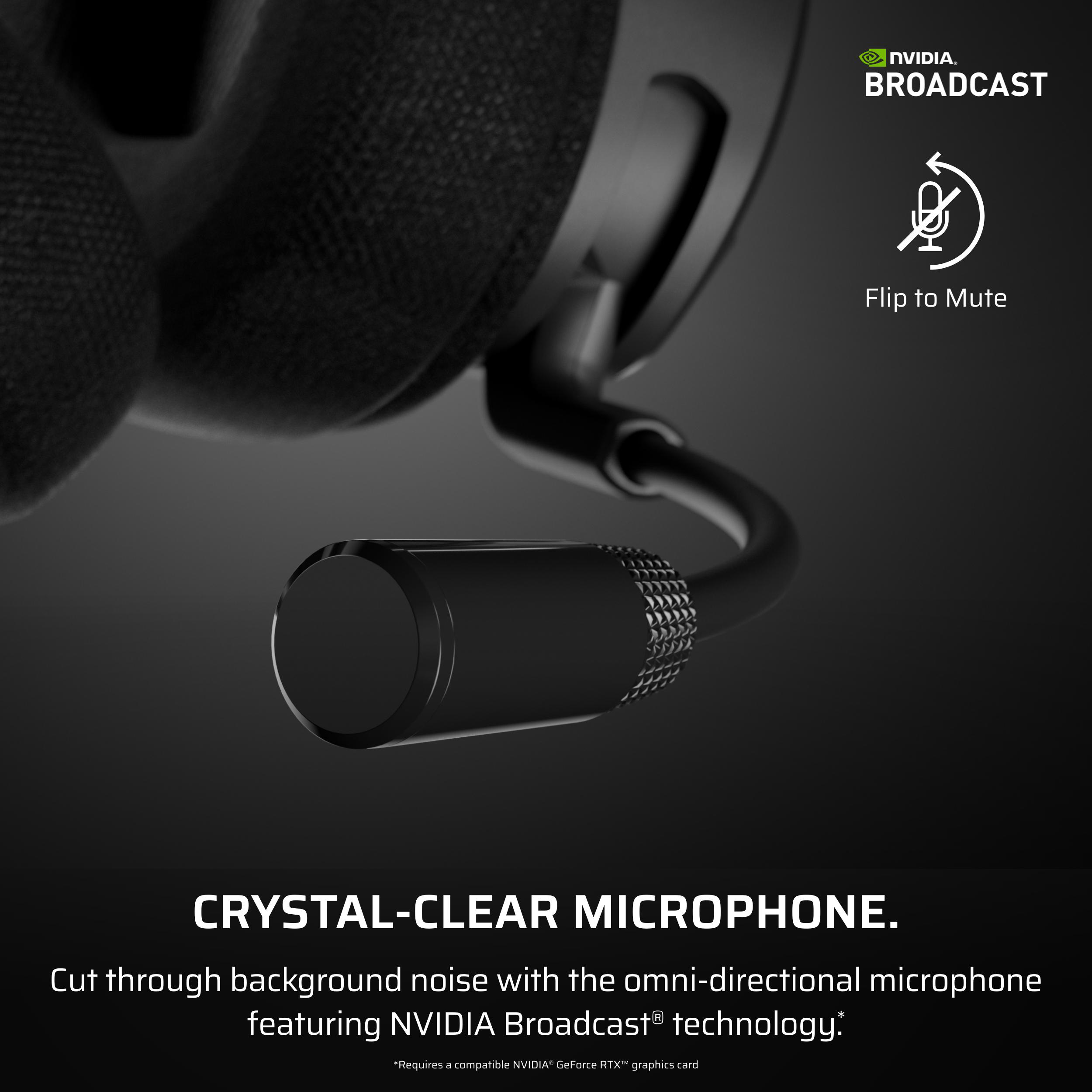 Nahaufnahme eines schwarzen Gaming-Headsets-Mikrofons mit Text, der kristallklares Mikrofon sagt.