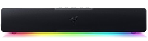 Czarny soundbar z logo Razer i podświetlanym, kolorowym dolnym paskiem.