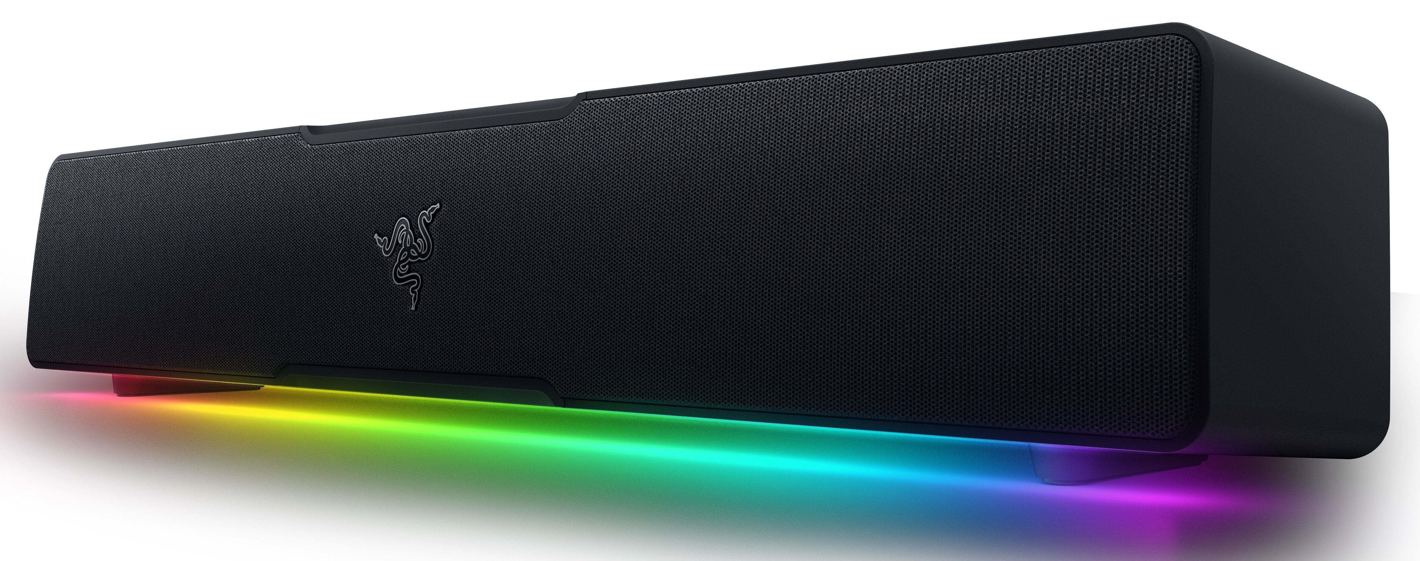 Czarny soundbar Razer z podświetleniem RGB wzdłuż dolnej krawędzi.