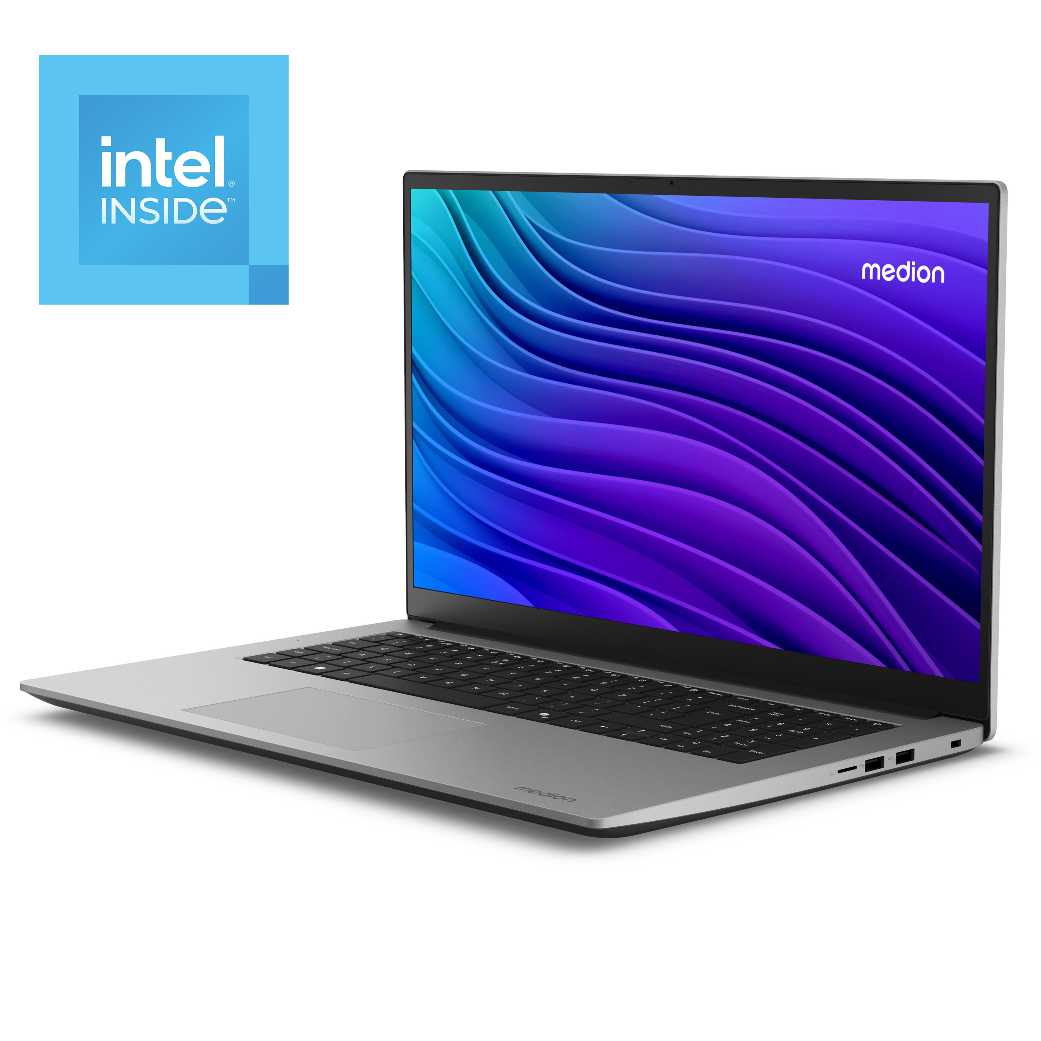 Silberner Laptop auf weißer Oberfläche, Intel-Logo links. Der Bildschirm zeigt eine blau-violette Welle.