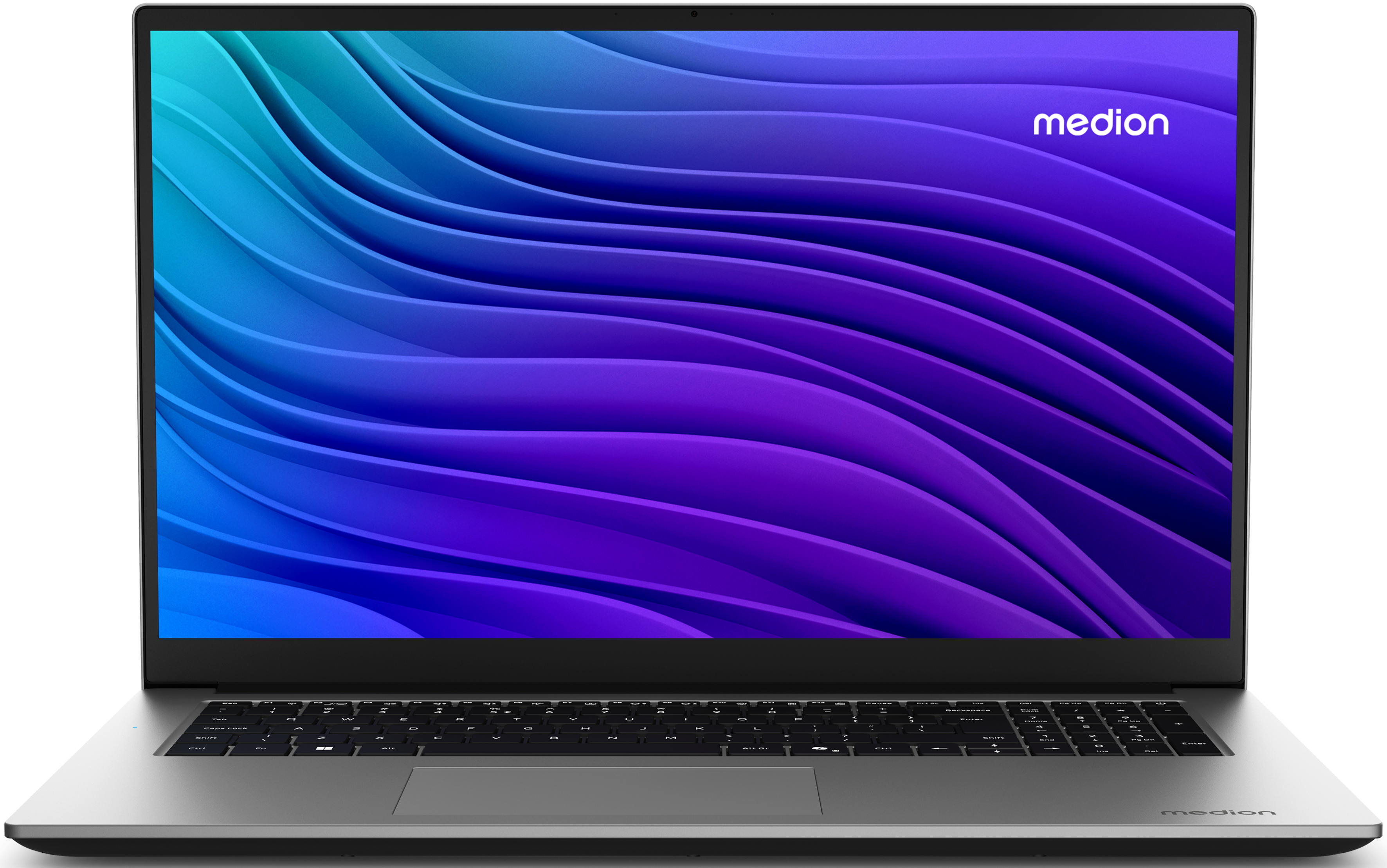 Laptop mit wellenförmigem Bildschirm. Marke: Medion.