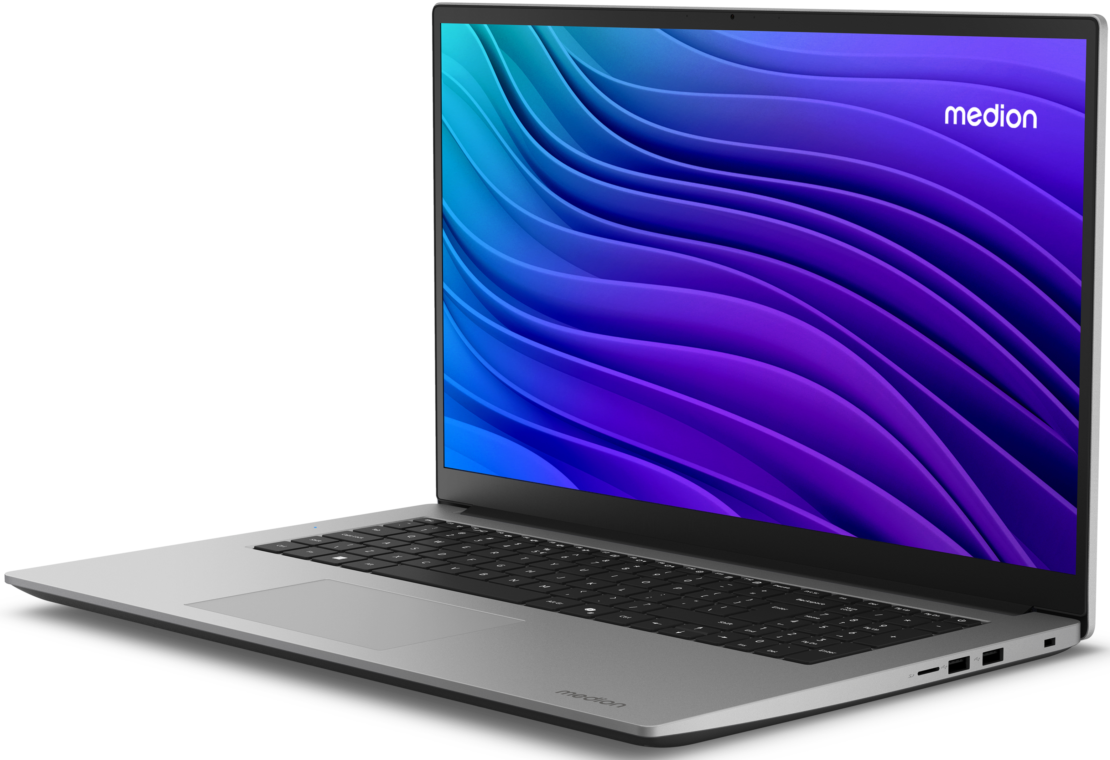 Ein silberner Laptop mit einem bunten Bildschirm mit wellenförmigen Linien. Der Markenname ist medion.