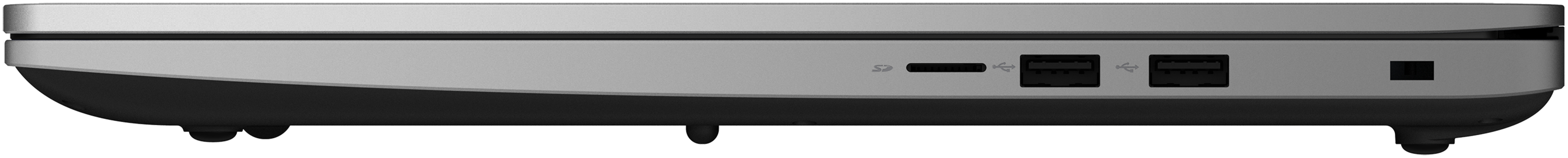 Seitenansicht eines Laptops mit Anschlüssen: SD-Kartensteckplatz, USB-Anschlüsse und Stromanschluss.