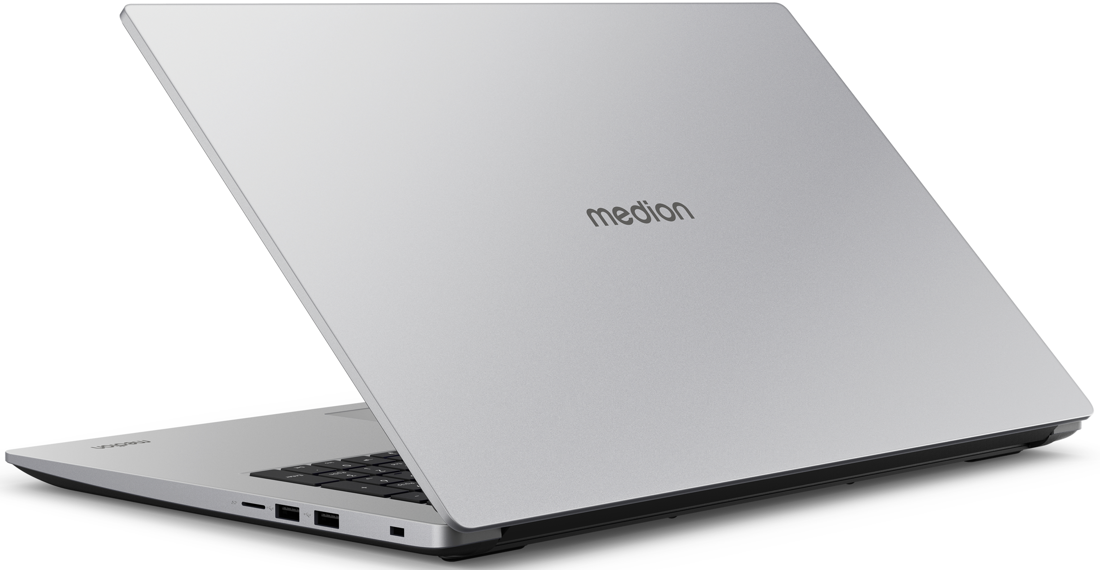 Ein silberner Laptop mit dem Wort 'medion' auf dem Deckel, zeigt die Rückseite des Geräts.