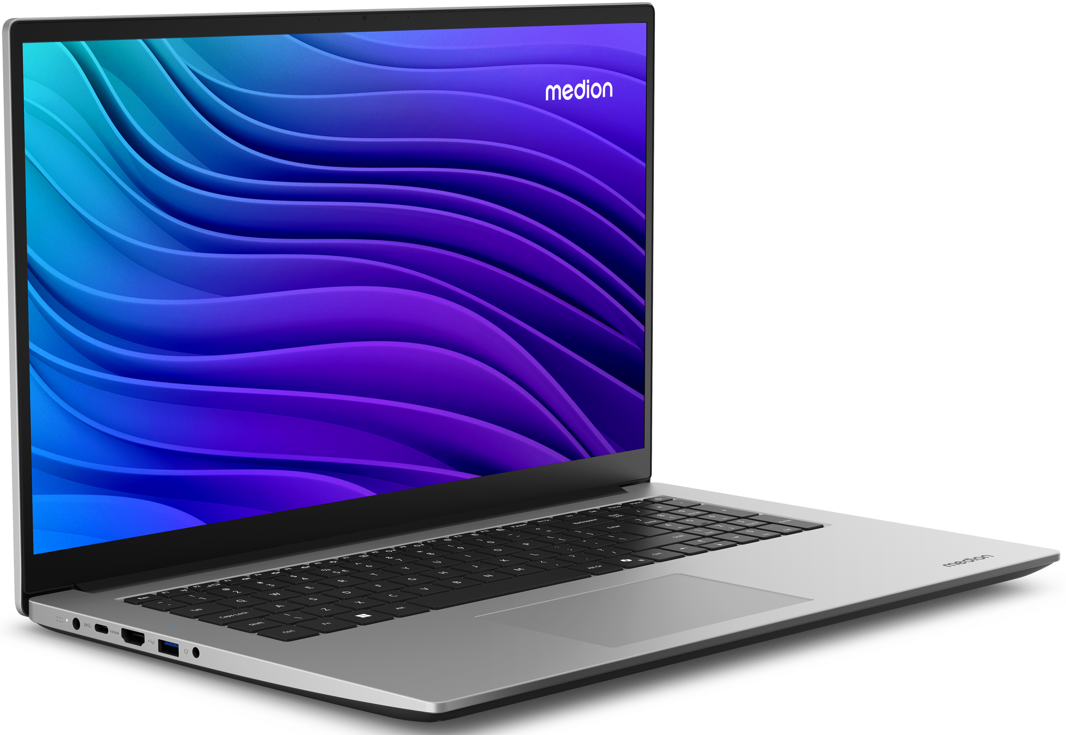 Silberner Laptop auf weißem Untergrund mit farbenfrohem Bildschirm.