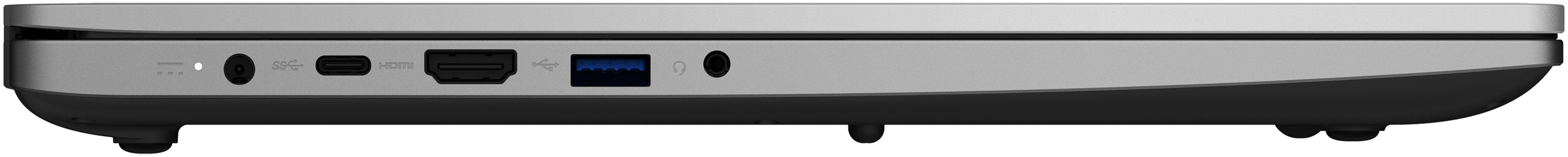 Eine Laptop-Seitenansicht mit Anschlüssen zum Aufladen, HDMI, USB und Audio.
