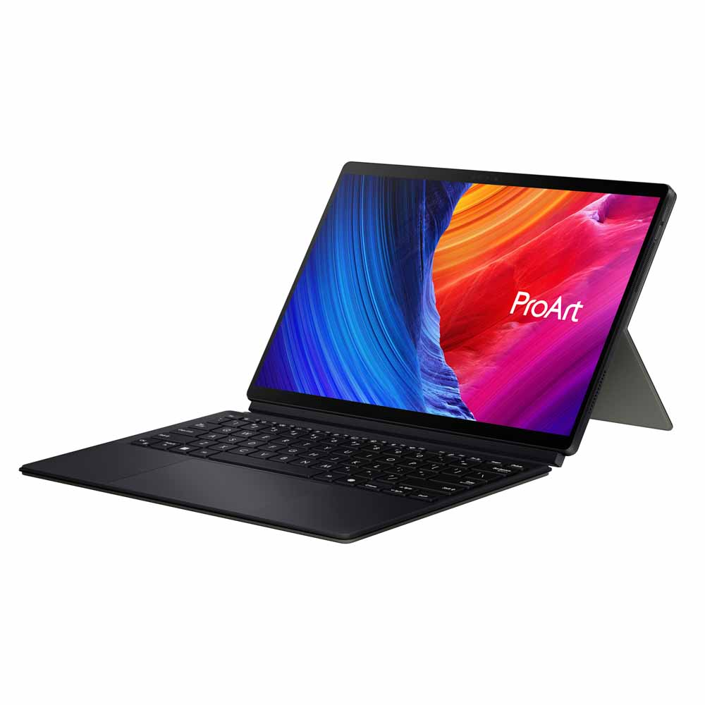 Klavyeli siyah bir tablet, ekran açık, ProArt logosuyla renkli soyut bir tasarım görüntülüyor.
