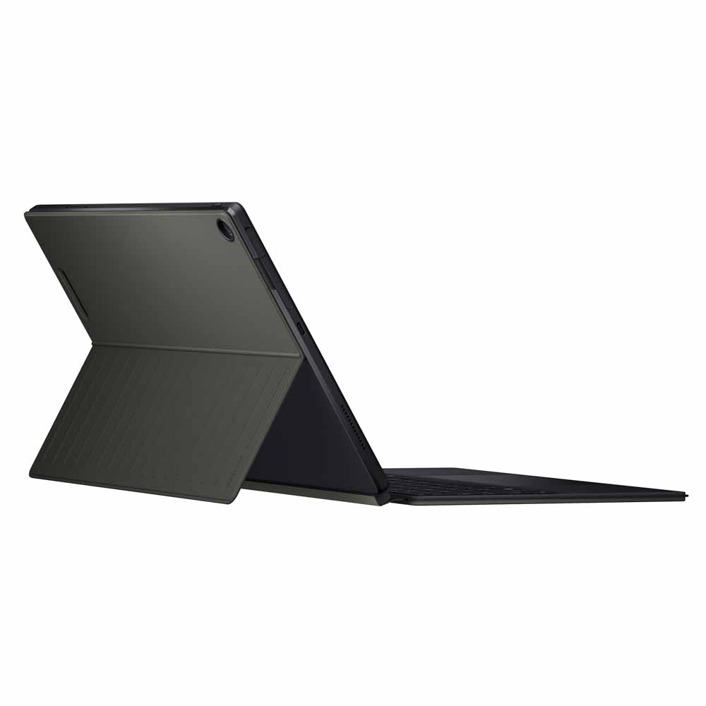 Siyah bir tablet ve takılı bir klavye. Tablet kısmen açık.
