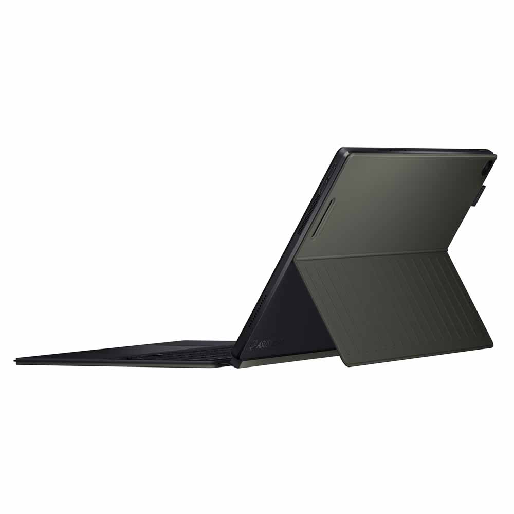 Klavye ile siyah tablet, kısmen açık. Arka tarafı, ekran ve klavye açılı olarak görünür.