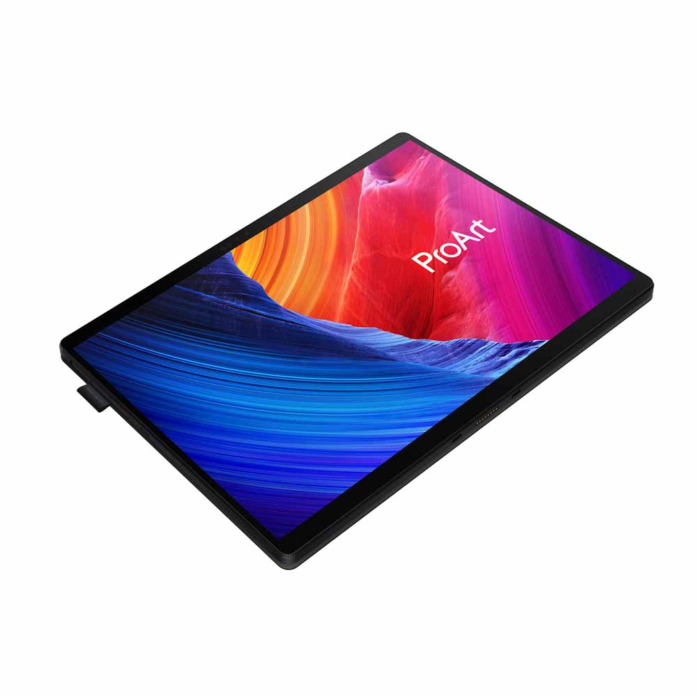 Renkli soyut bir görüntü gösteren siyah tablet.