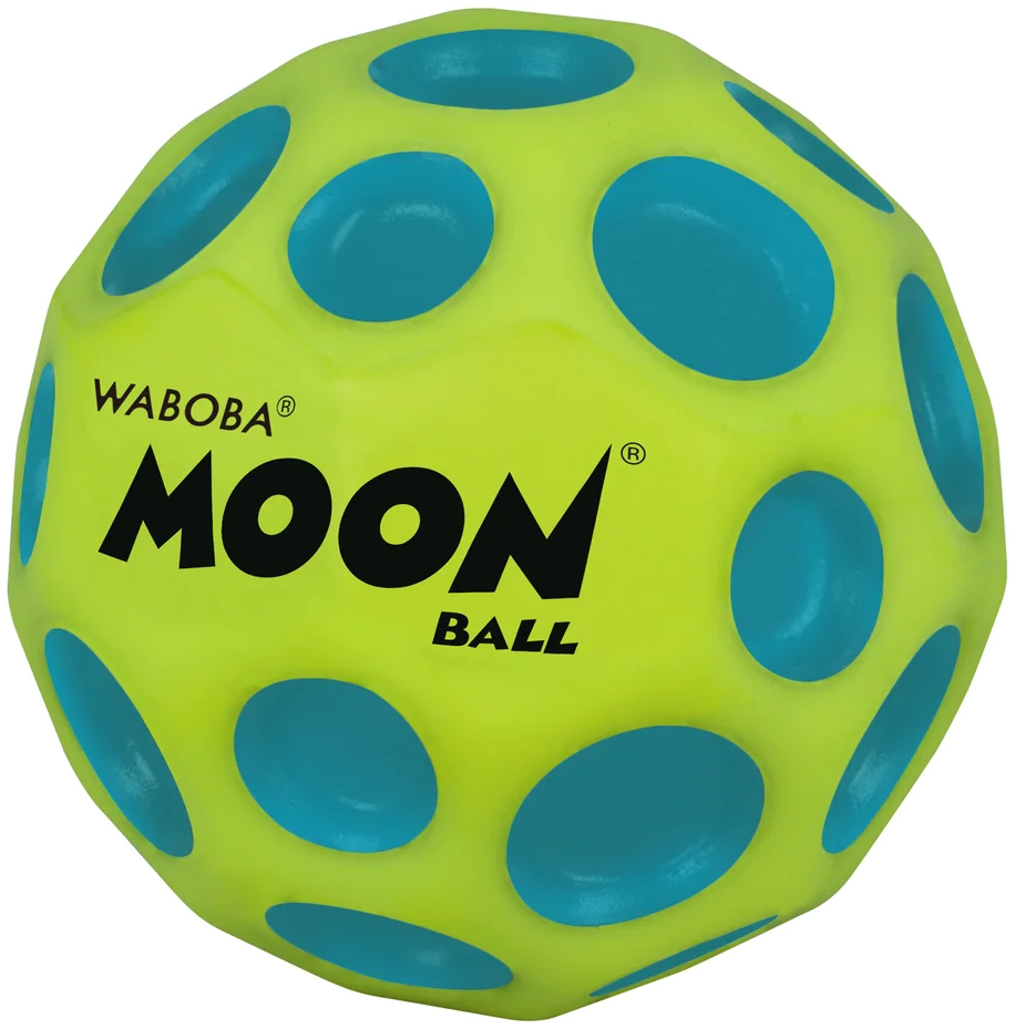 Sárga holdlabda kék kör alakú mintákkal, a 'moon' szóval rajta.