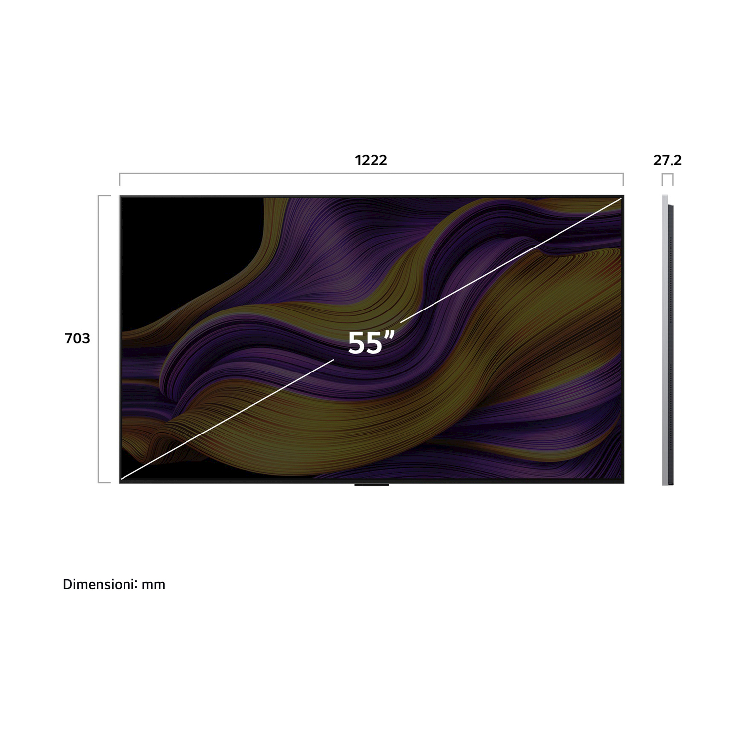 Una TV da 55 pollici che mostra un design astratto viola e oro su sfondo bianco.