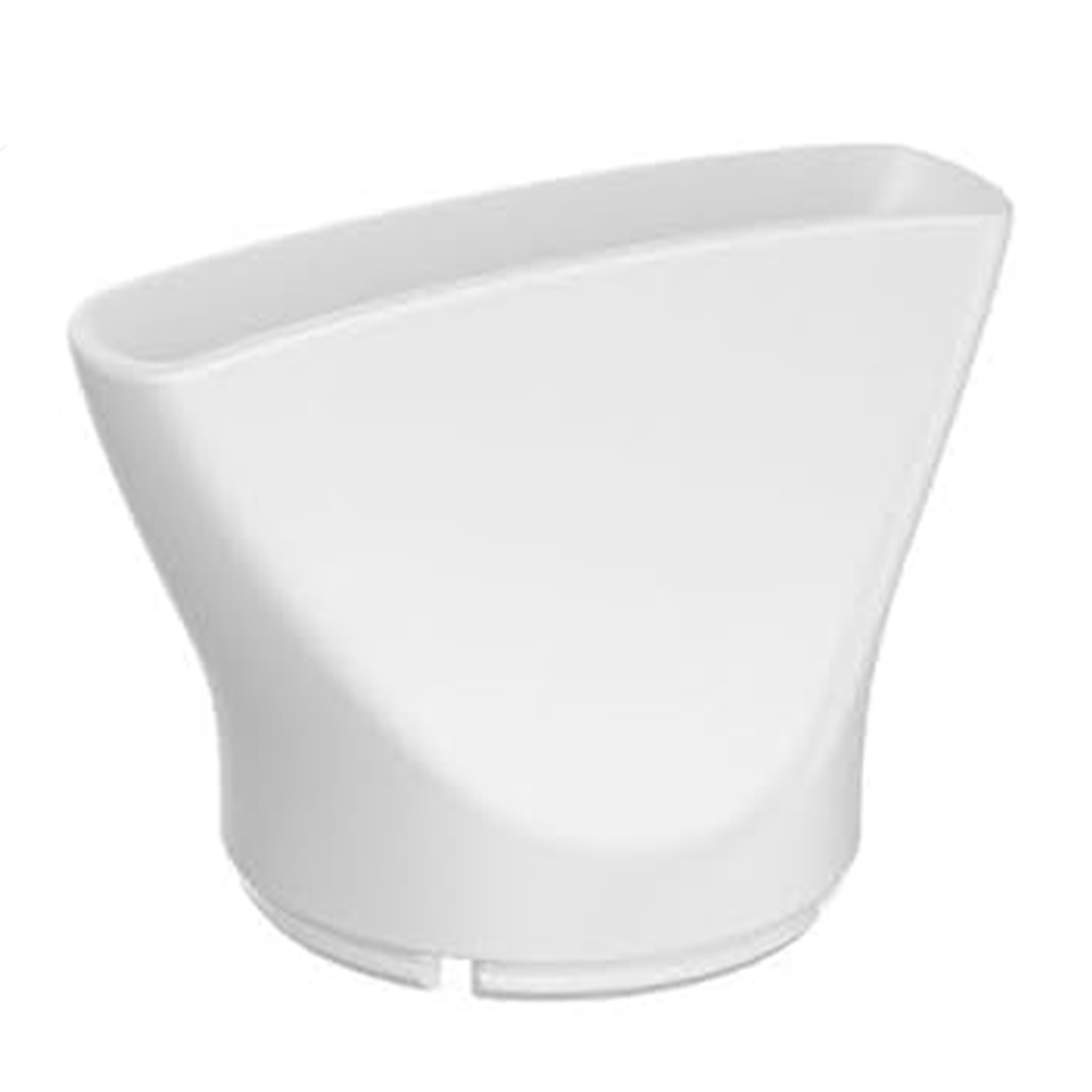 Un ugello bianco e curvo, probabilmente per un asciugacapelli, su sfondo bianco.
