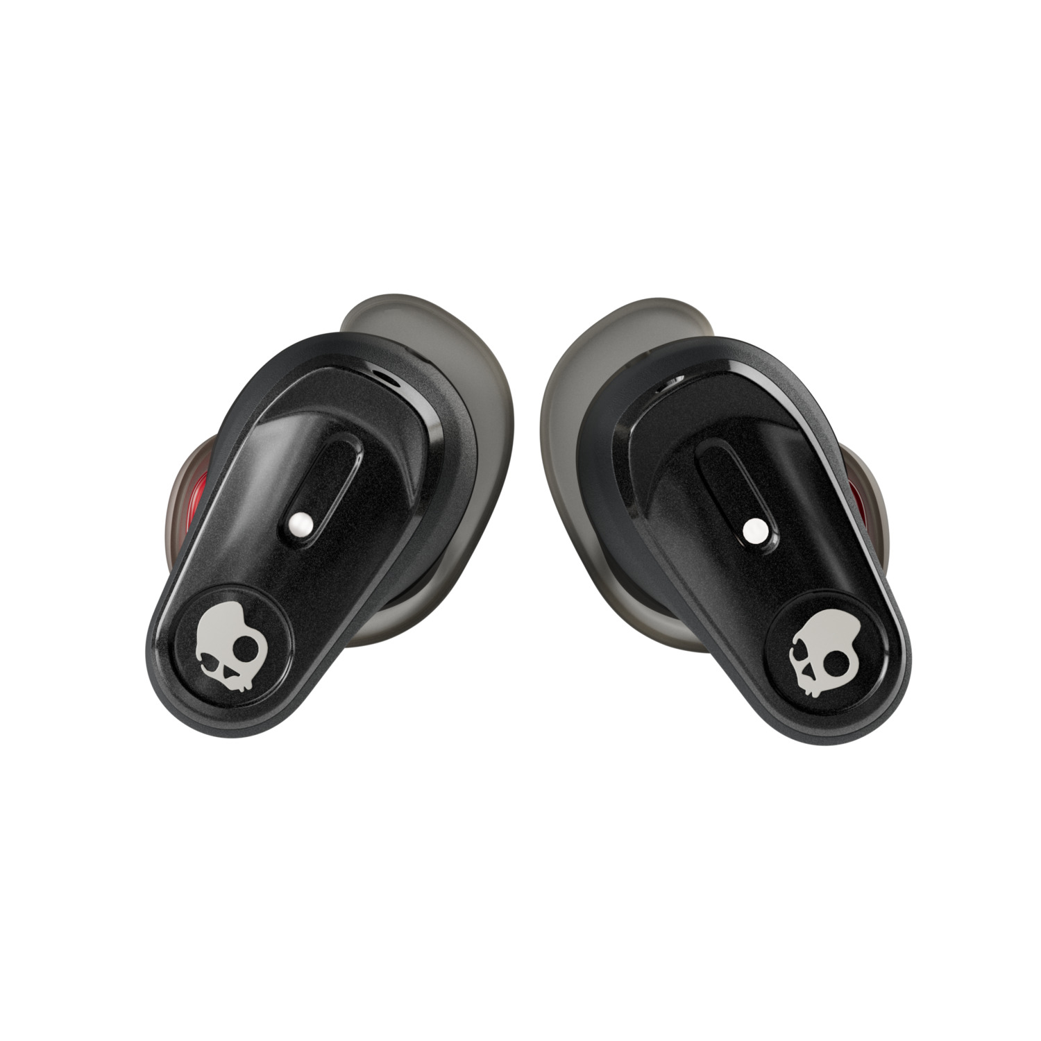 Zwei schwarze Skullcandy-Ohrhörer, leicht zum Betrachter geneigt.