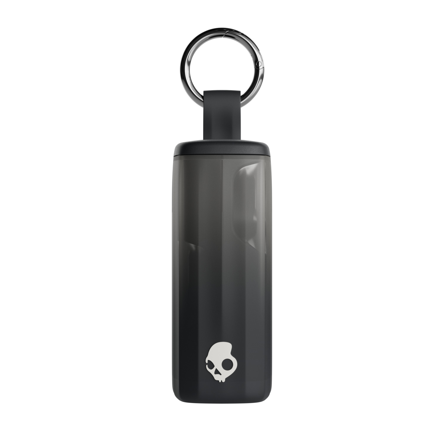 Schwarzes Skullcandy-Schlüsselanhänger-Etui mit Schlaufe und weißem Totenkopf-Logo.