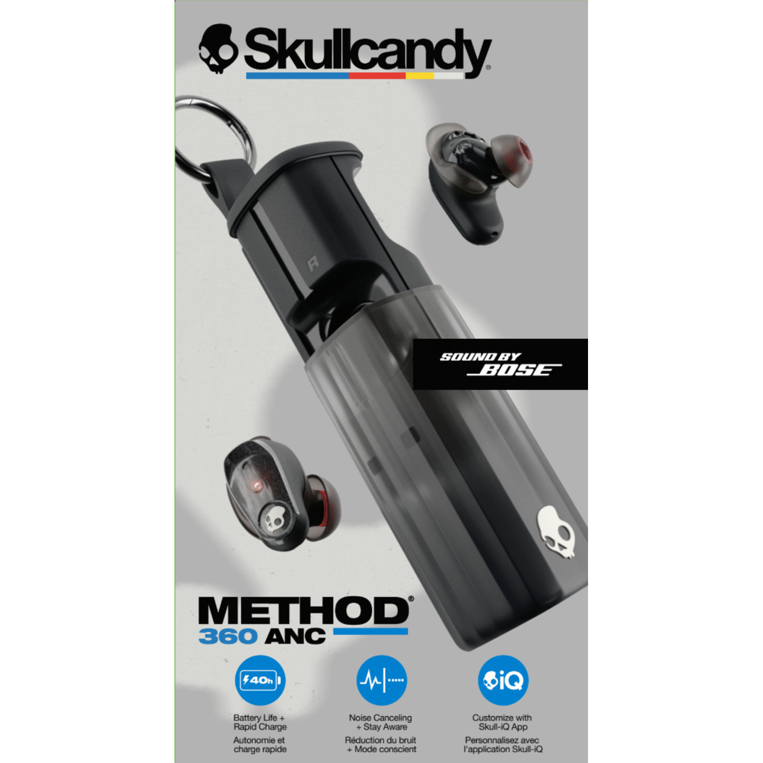 Skullcandy-Ohrhörer mit Ladeetui und Werbegrafik.