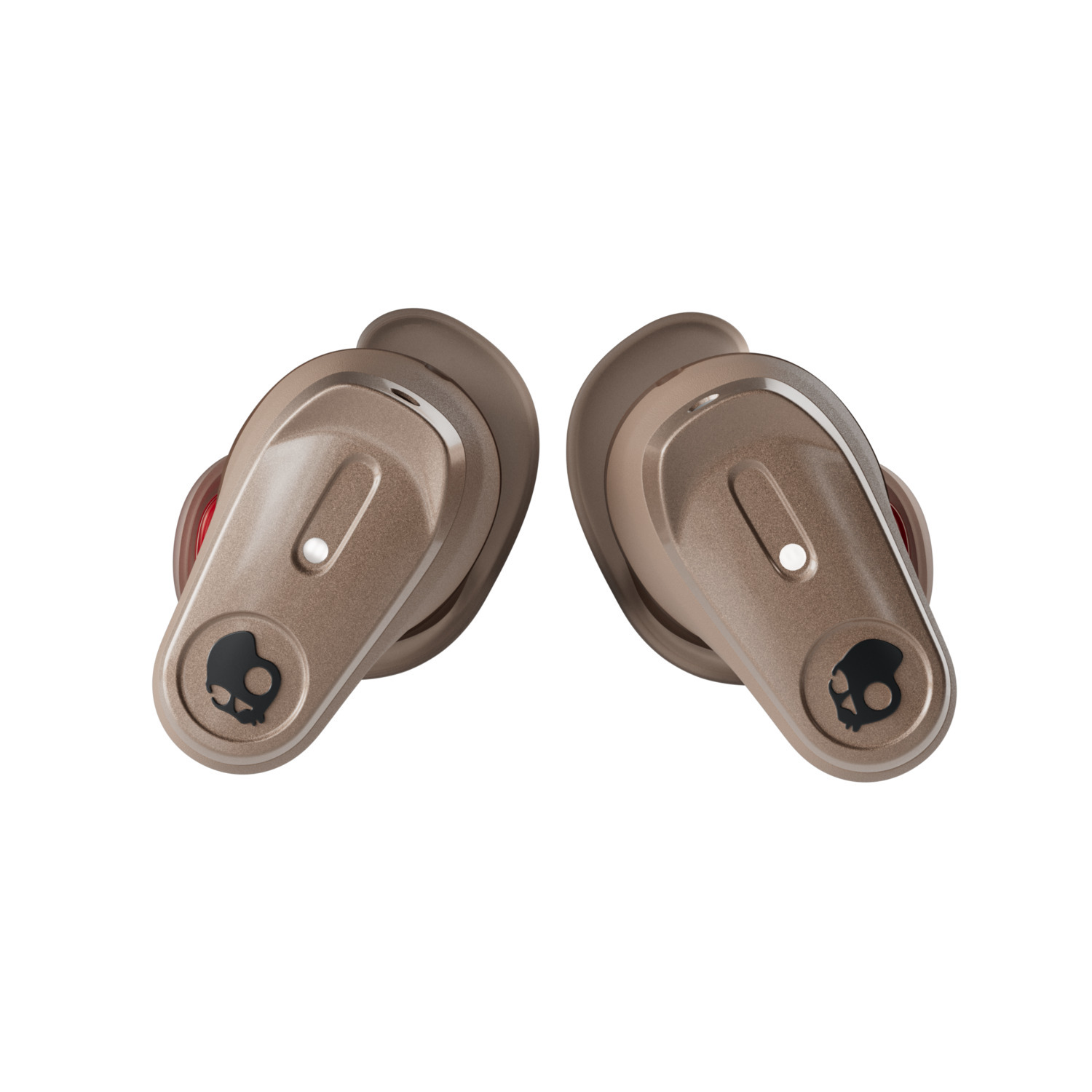 Two silver and brown earbuds with red tips, showing the Skullcandy logo. White background.