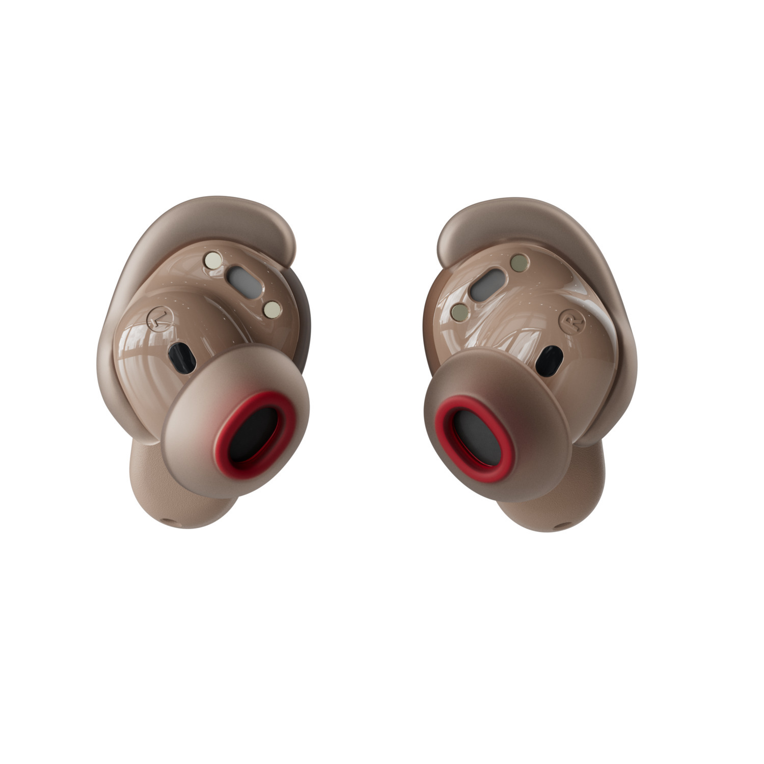 Two taupe earbuds, close-up, with red accents and multiple holes.