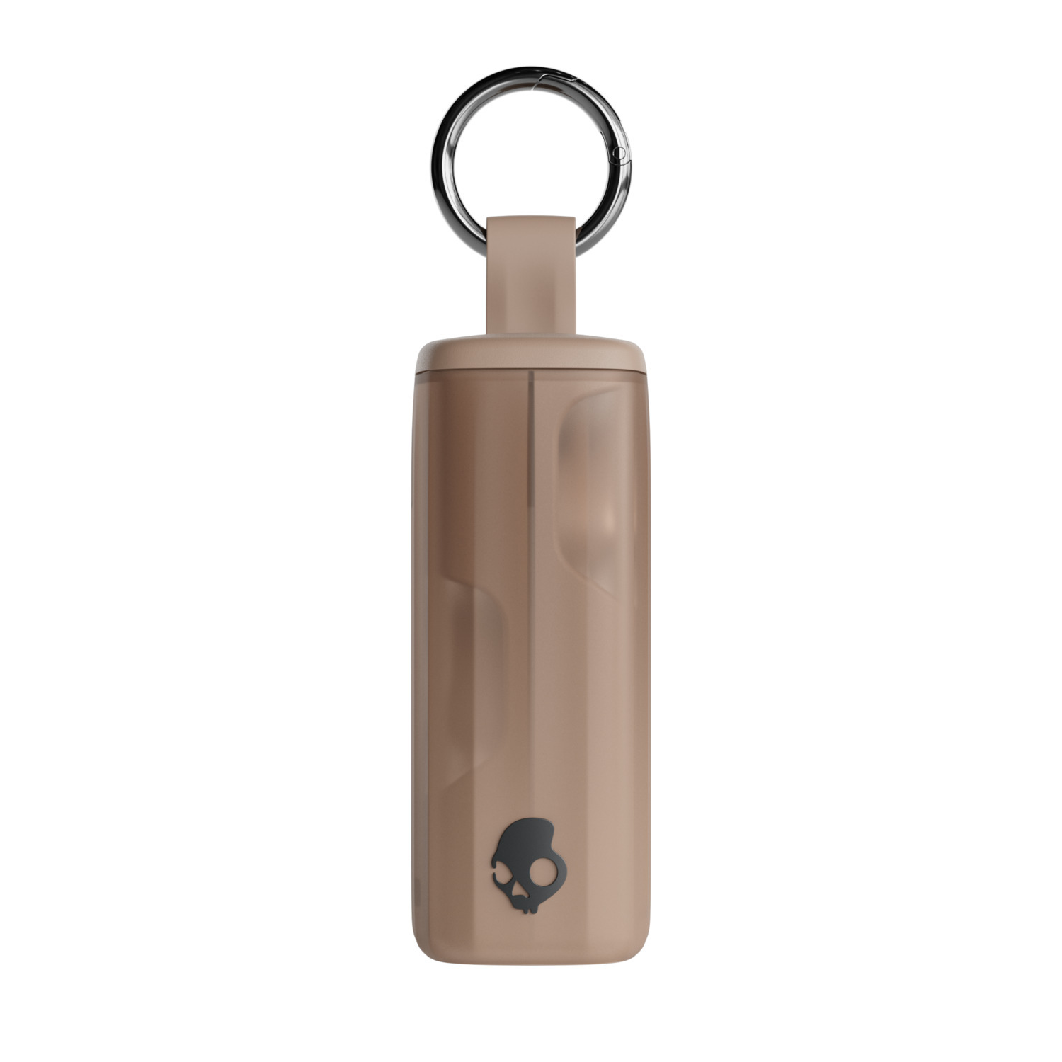 Brown Skullcandy keychain with a black skull logo.