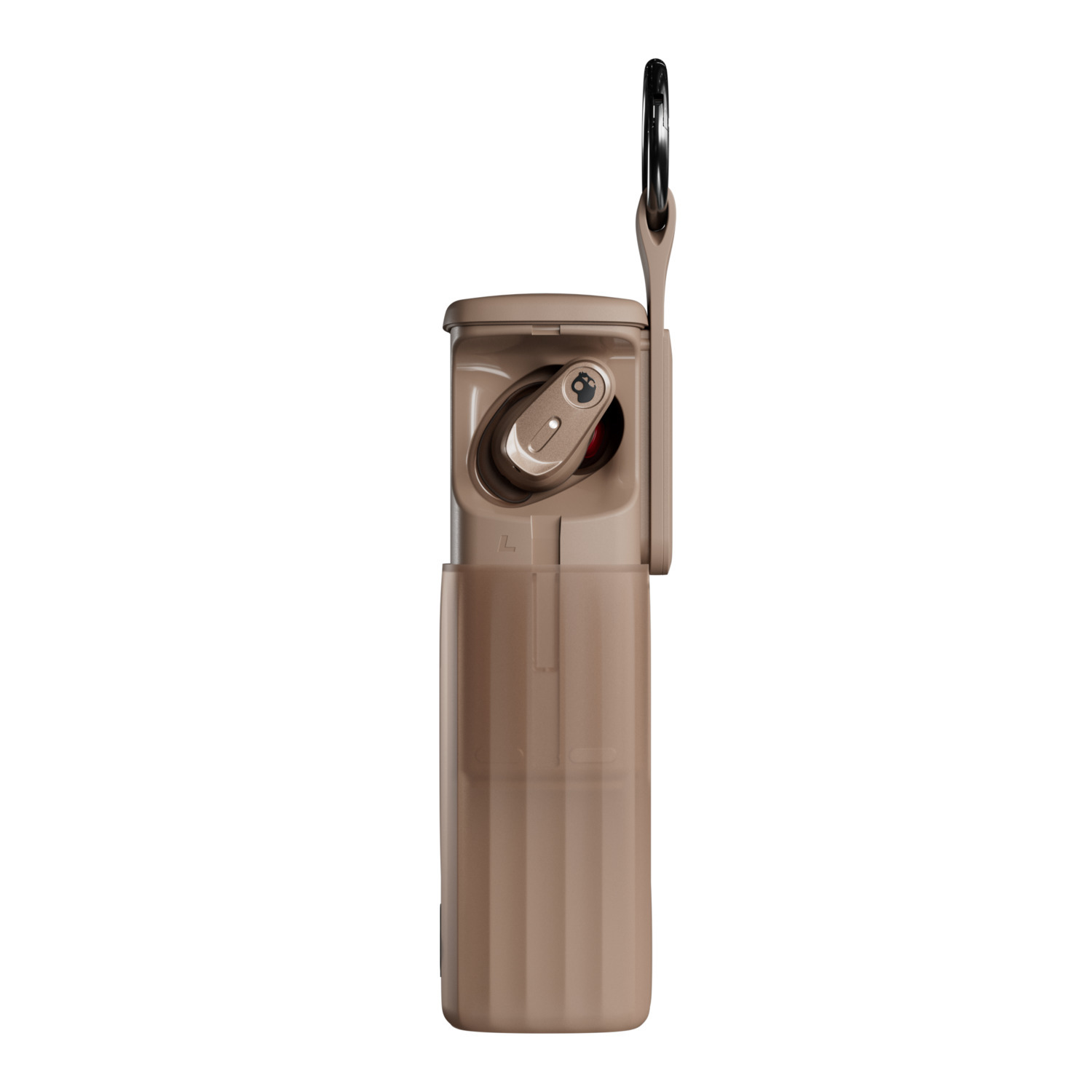 Tan colored device with a handle. It features a small speaker and a button to turn on or off.