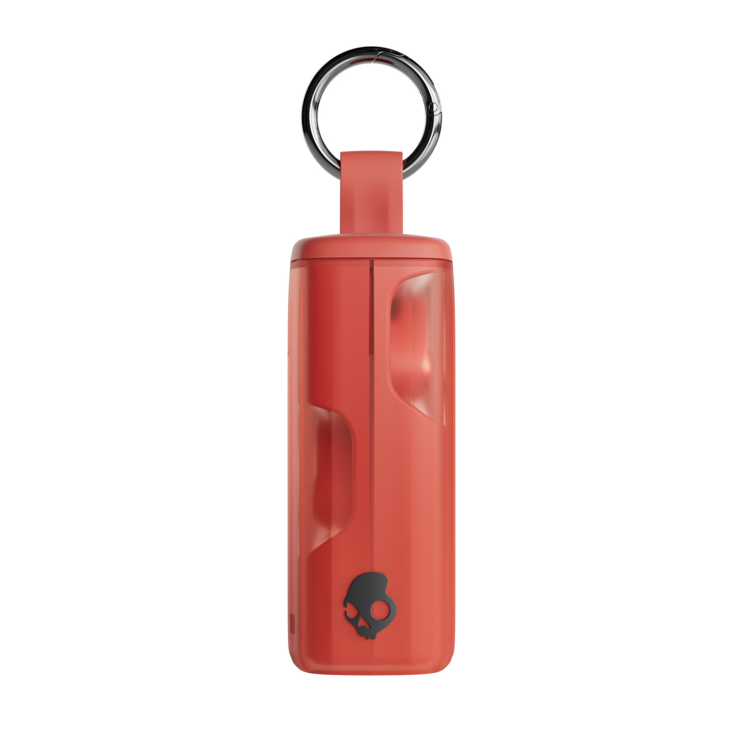 Ein rotes Skullcandy-Kopfhörer-Etui mit Schlüsselring vor weißem Hintergrund.