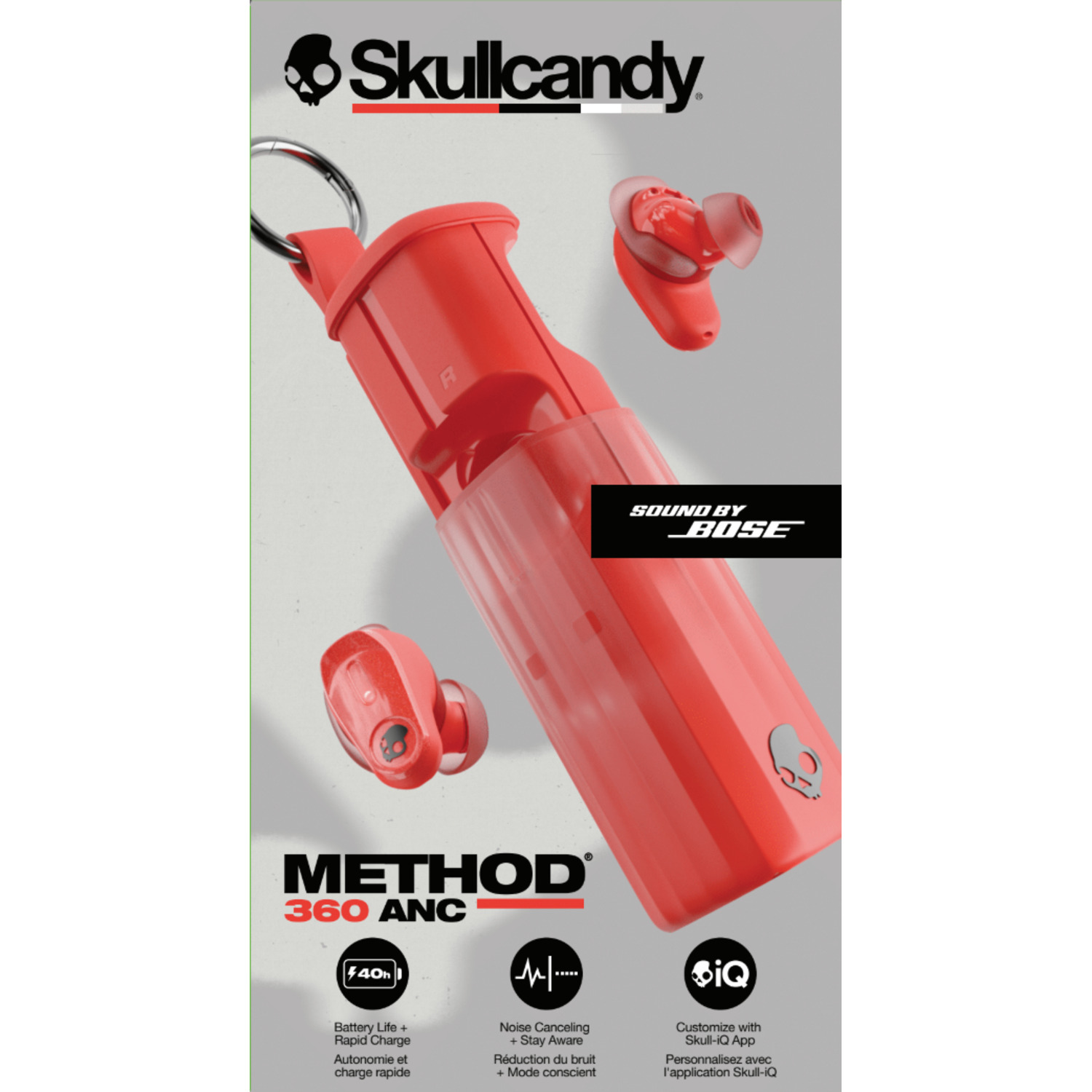 Ein Werbebild für Skullcandy-Ohrhörer mit roten Ohrhörern und einem Etui. Text und Grafiken sind enthalten.