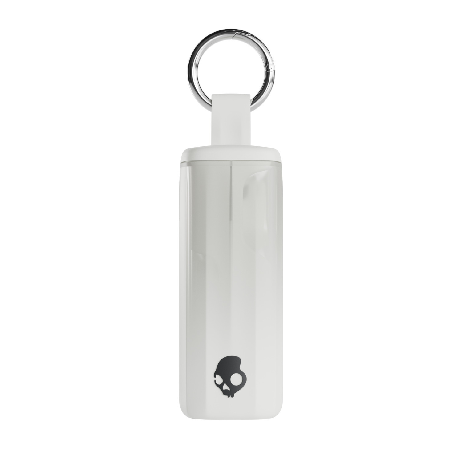 Ein weißes Skullcandy-Kopfhörer-Etui mit Schlüsselring vor weißem Hintergrund.