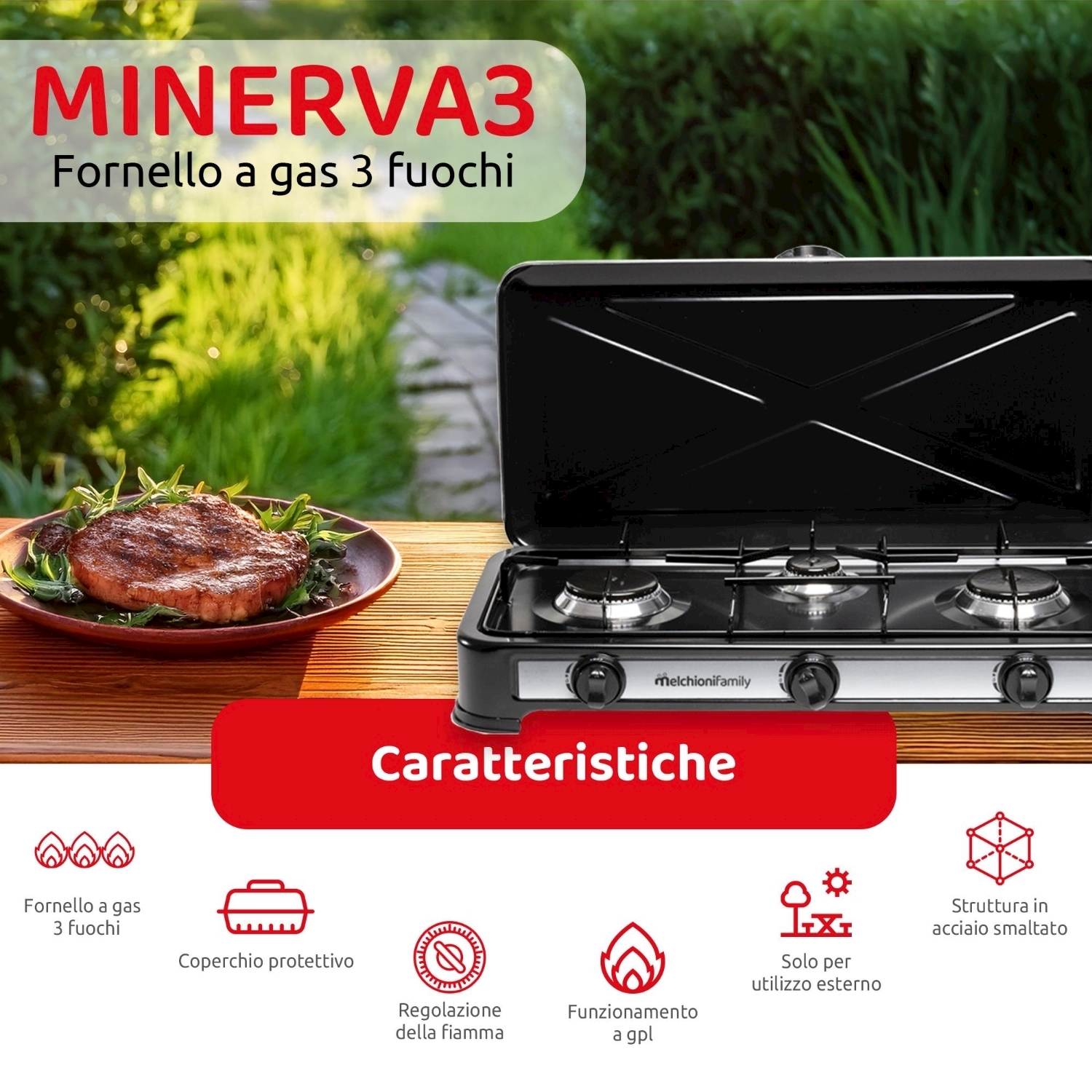 Un fornello a gas nero e argento con tre fuochi. Un piatto con carne ed erbe è a sinistra.