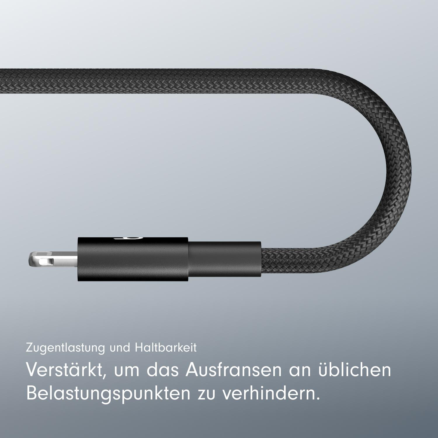 Schwarzes Kabel mit Stecker und deutschem Text über Zugentlastung und Haltbarkeit.