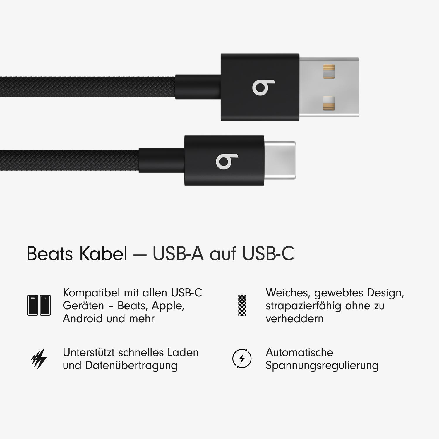 Schwarzes USB-A-zu-USB-C-Kabel, Text über Funktionen auf Weiß.