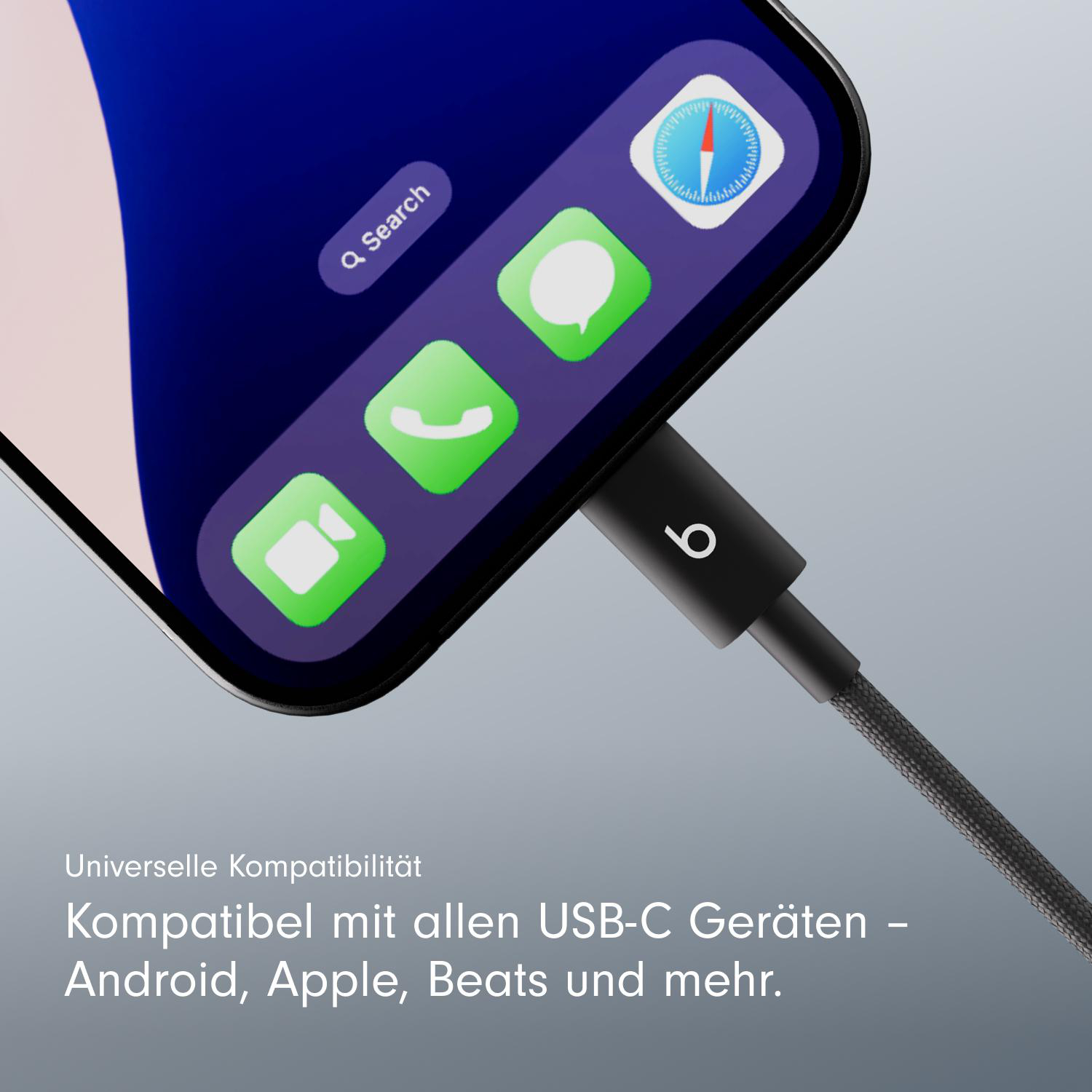 Ein schwarzes Beats USB-C-Kabel, das mit einem iPhone verbunden ist, mit Text.