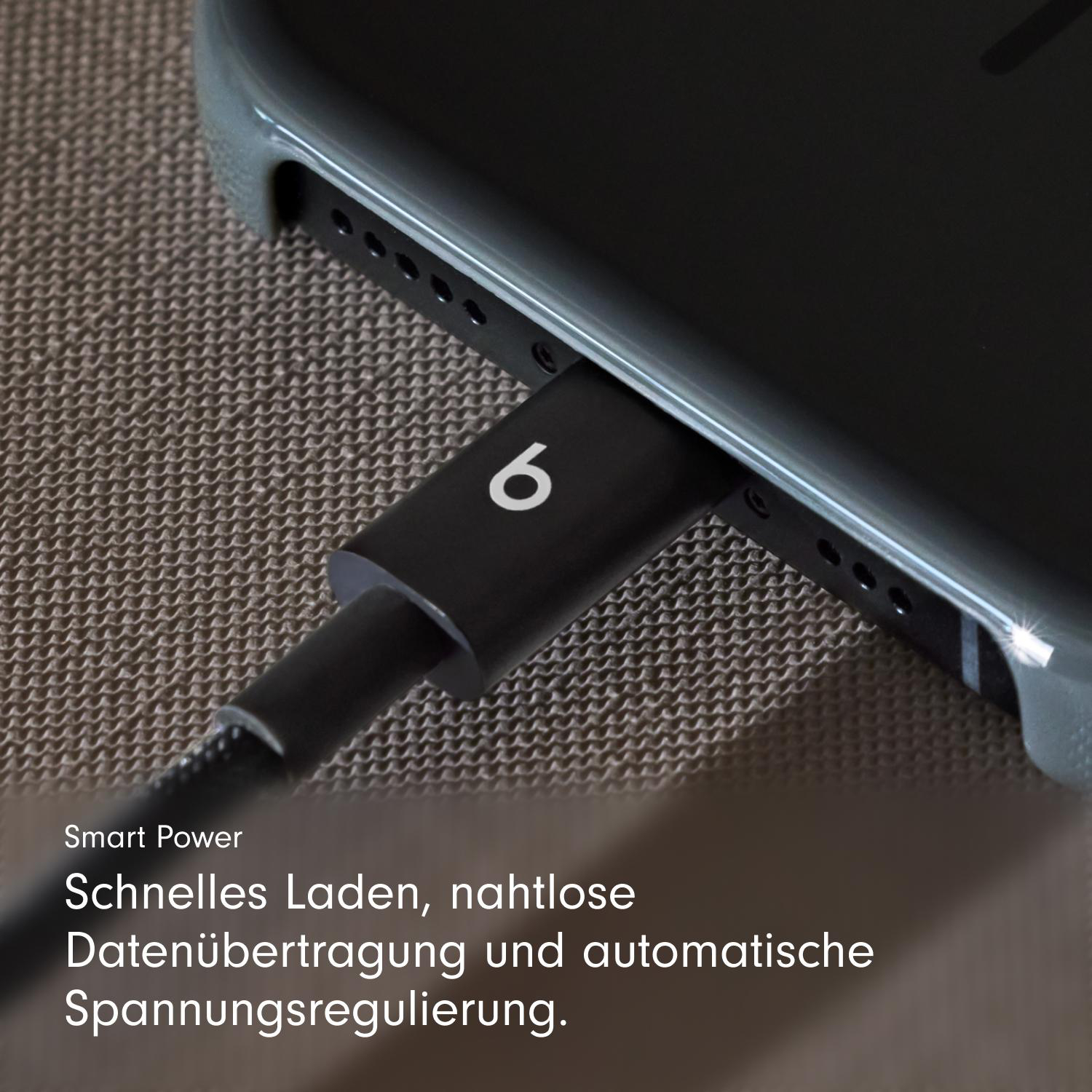 Ein schwarzes Ladekabel ist in ein schwarzes Telefon eingesteckt. Text sagt 'Smart Power' und deutsch.