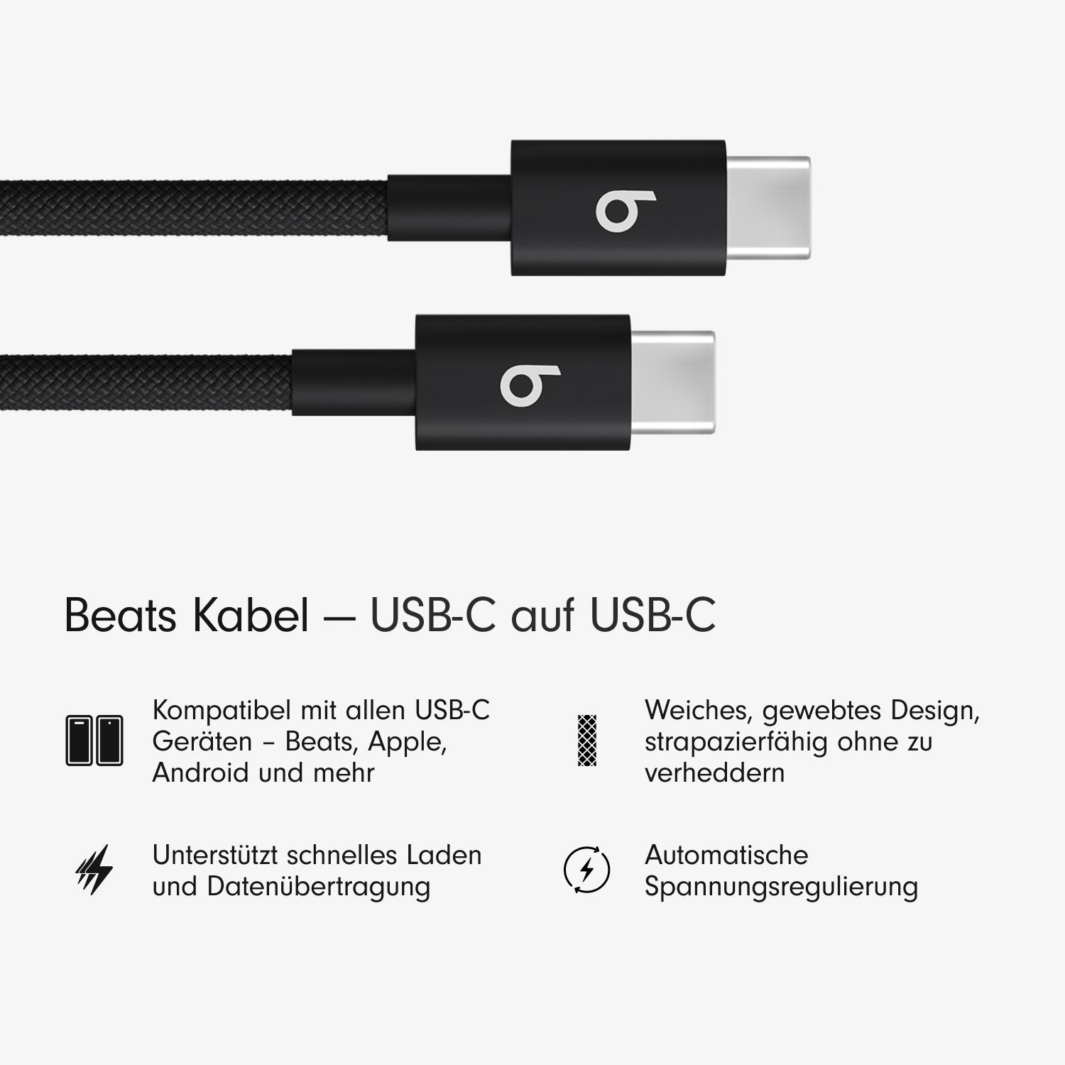 Zwei schwarze USB-C-zu-USB-C-Kabel mit Text über Funktionen unten.