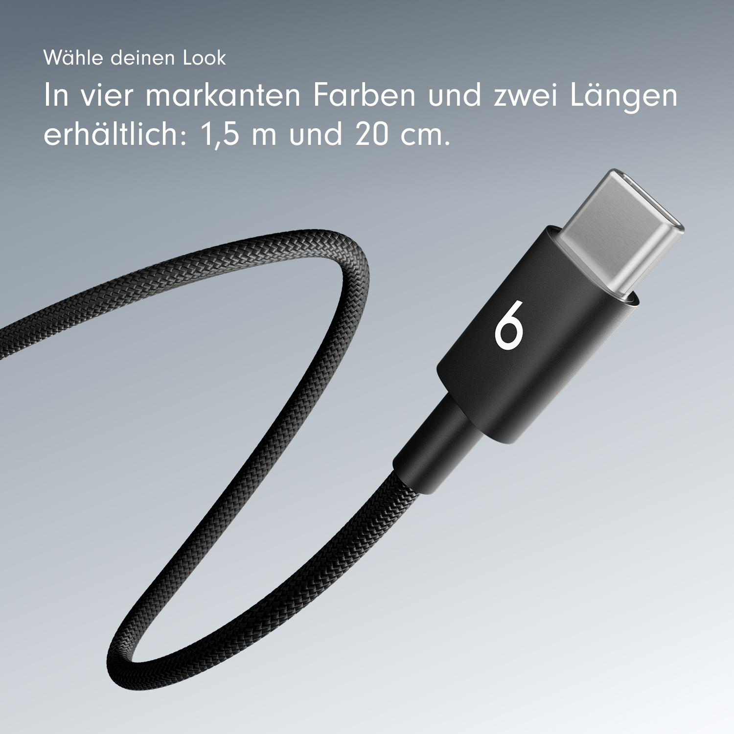 Schwarzes USB-C-Kabel mit einer weißen Zahl 6 darauf.