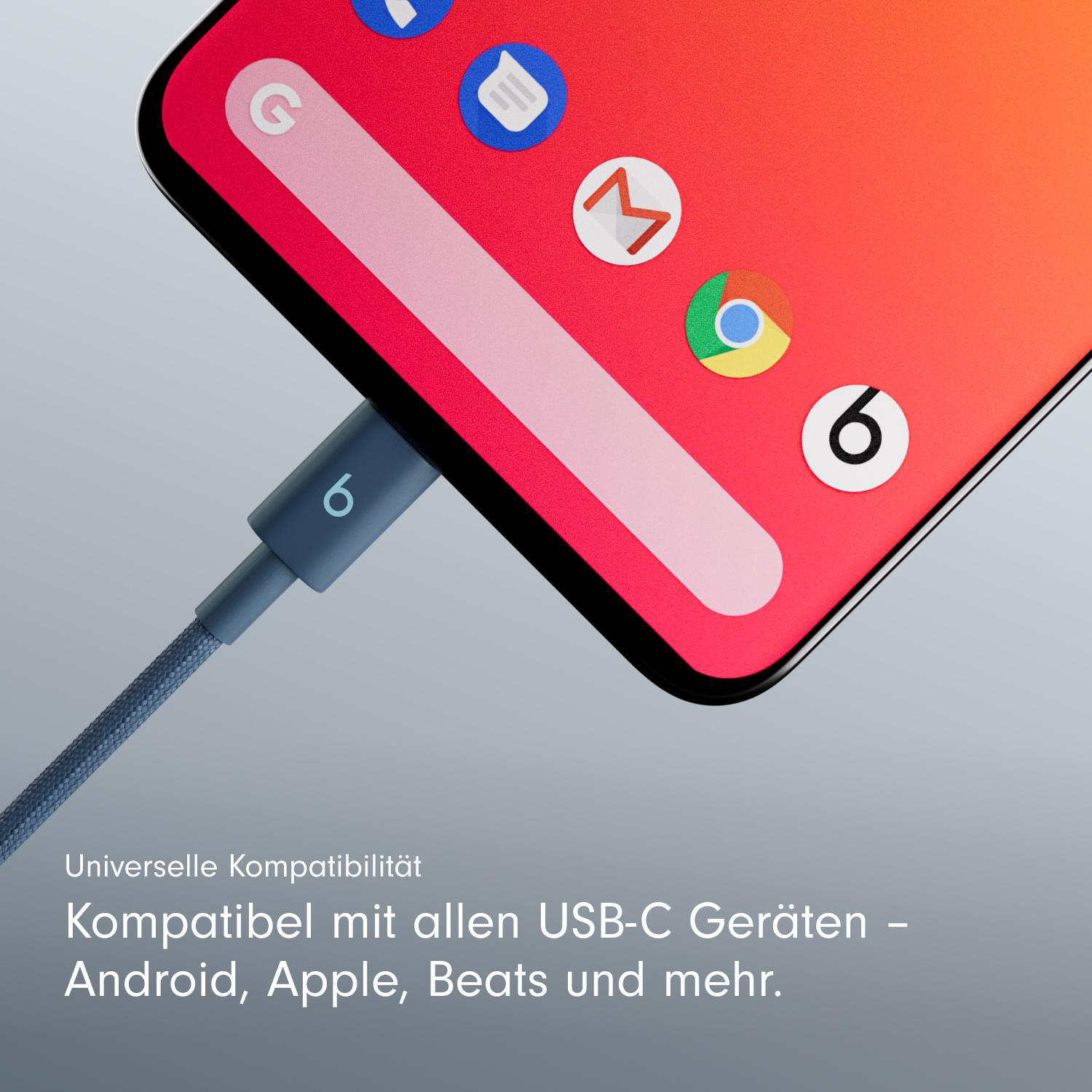 Ein Telefon mit rotem Bildschirm, ein angeschlossenes Ladekabel und Symbole. Unten steht USB-C-Kompatibilität.