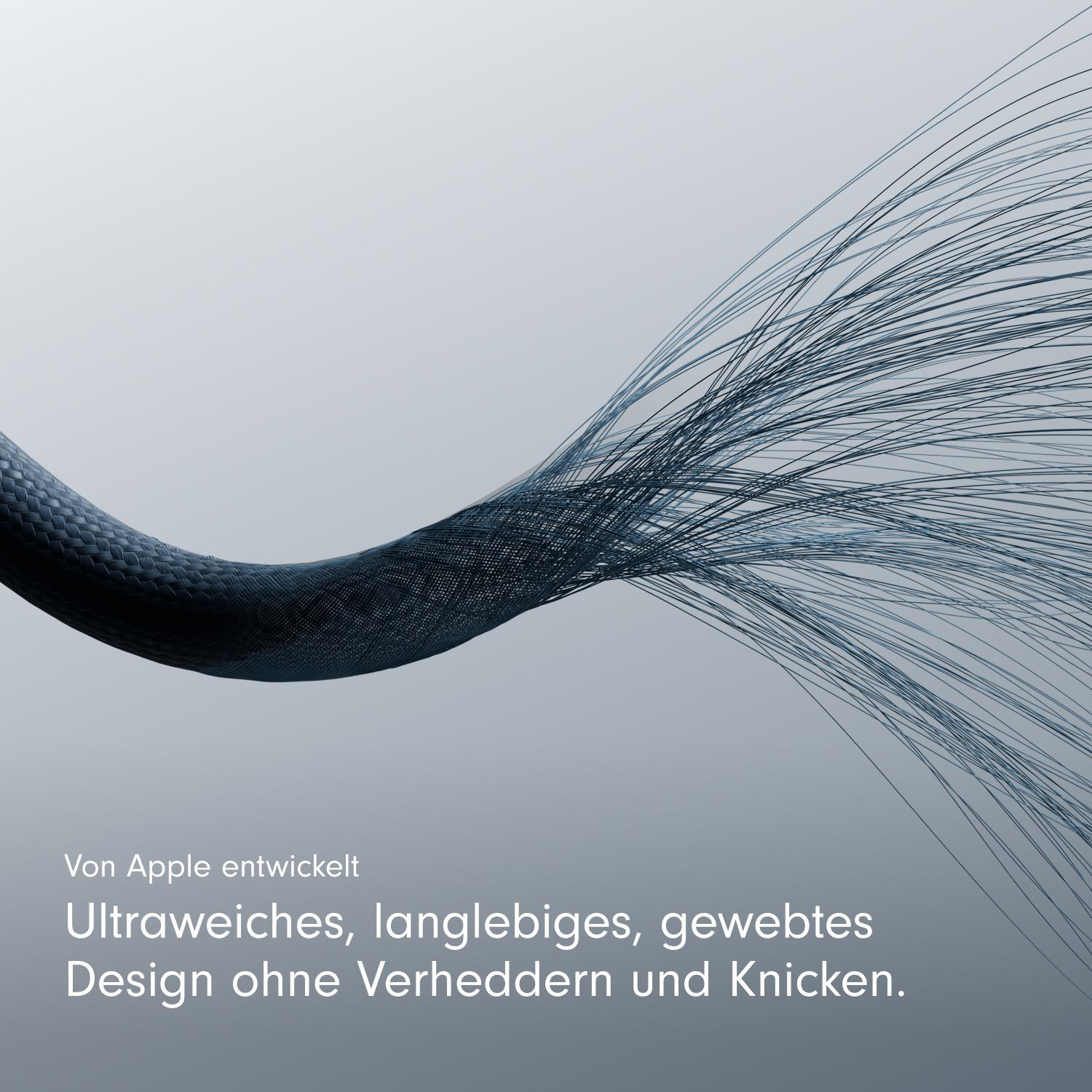 Nahaufnahme eines schlanken, dunklen Kabels mit deutschem Text unten.