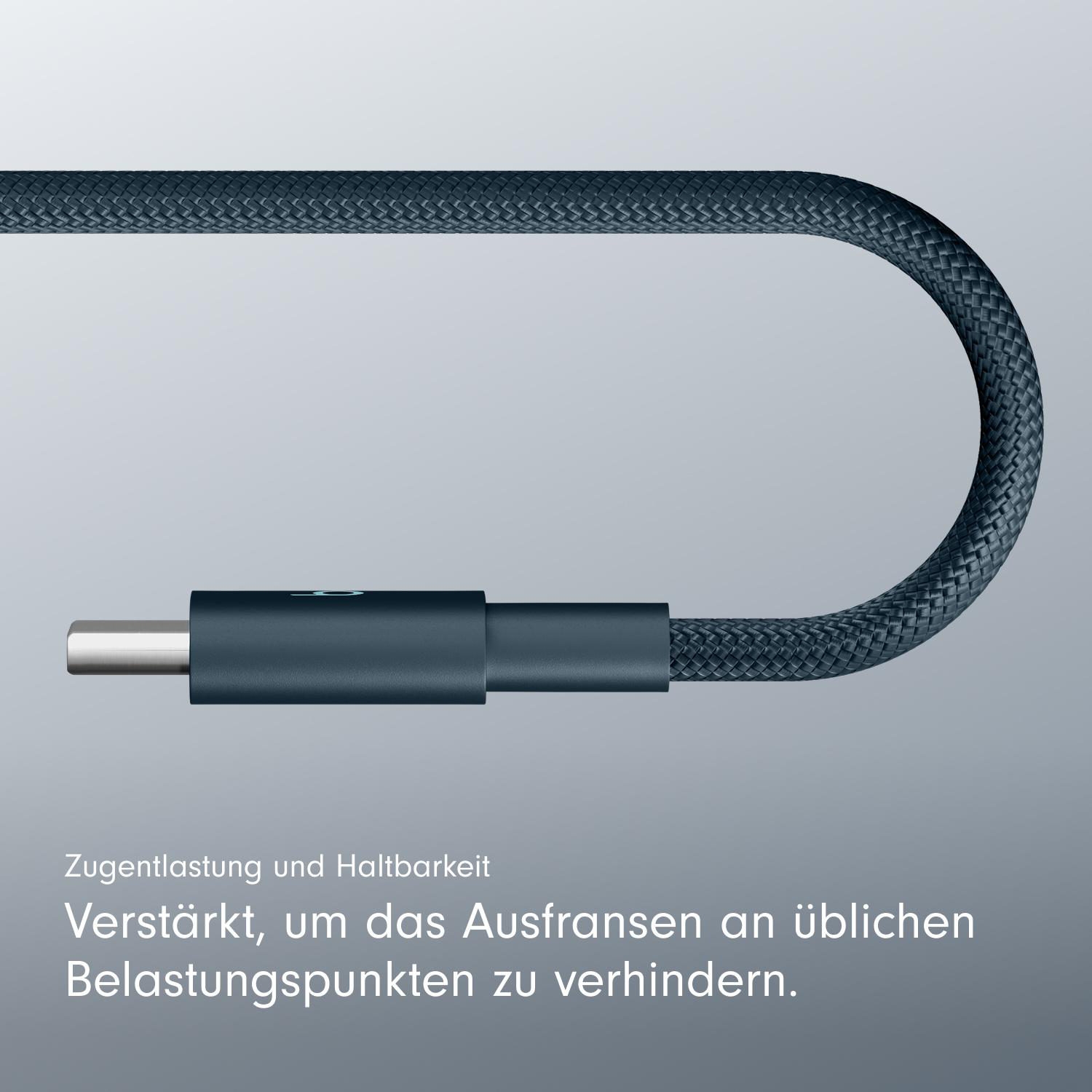 Blaues Kabel mit Stecker. Text über Haltbarkeit.
