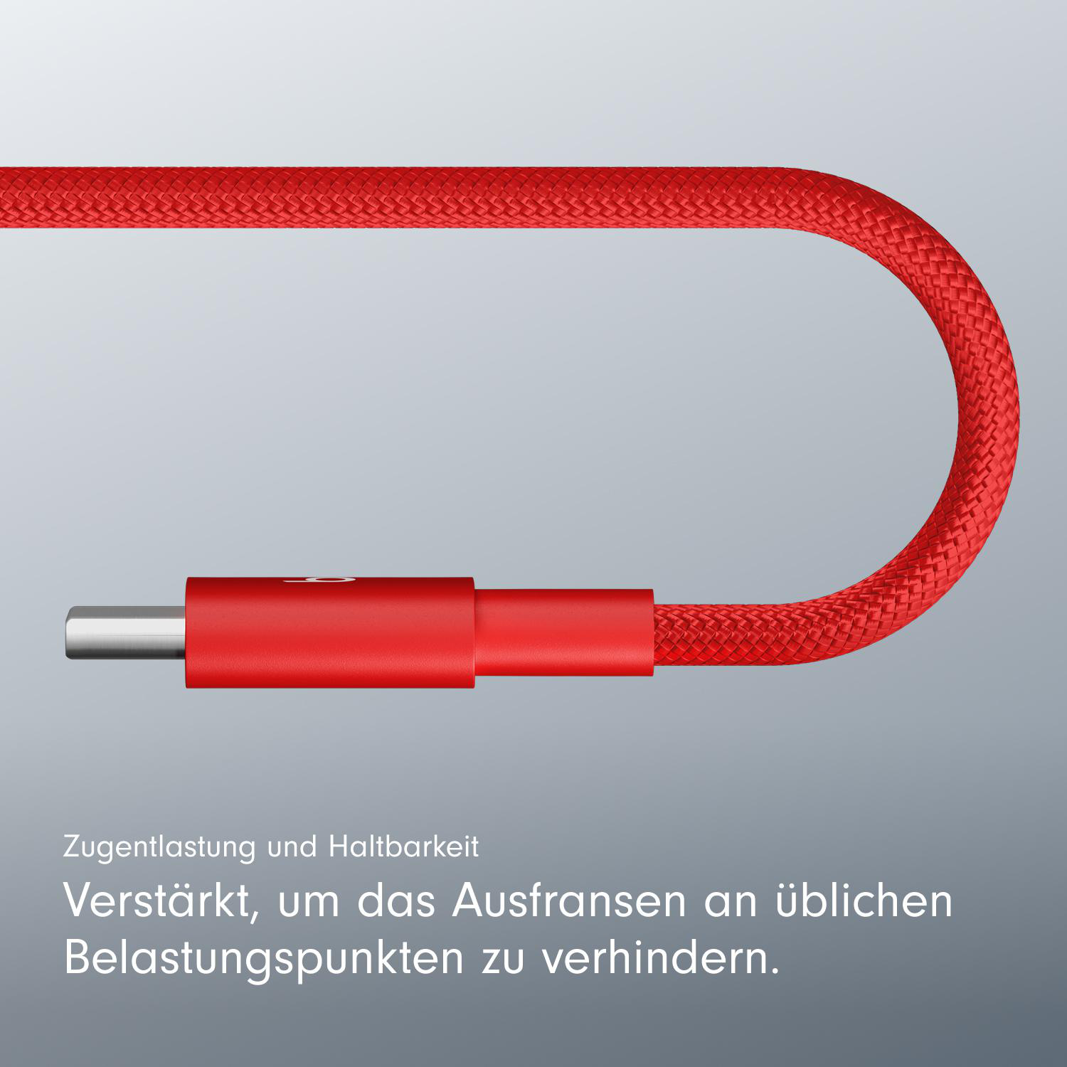 Rotes geflochtenes USB-C-Kabel mit roten Anschlüssen auf grauem Hintergrund.