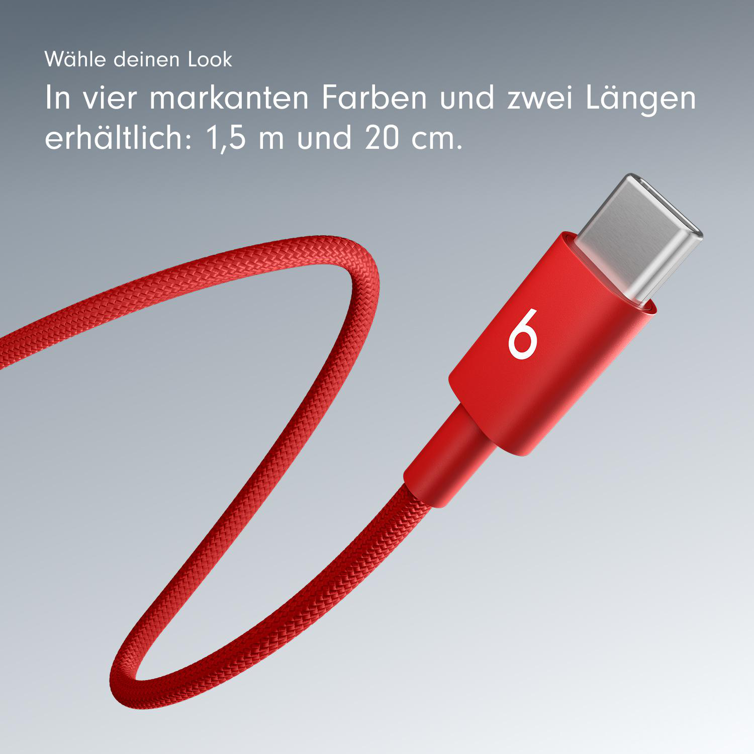 Rotes Beats USB-C-Kabel mit weißer Zahl 6. Text auf Deutsch.