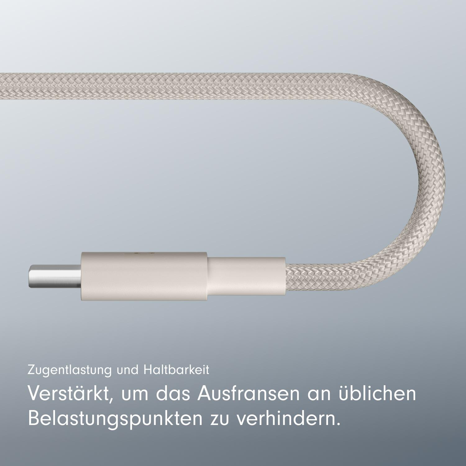 Ein weißes Kabel mit einem hellbeige farbenen Stecker.
