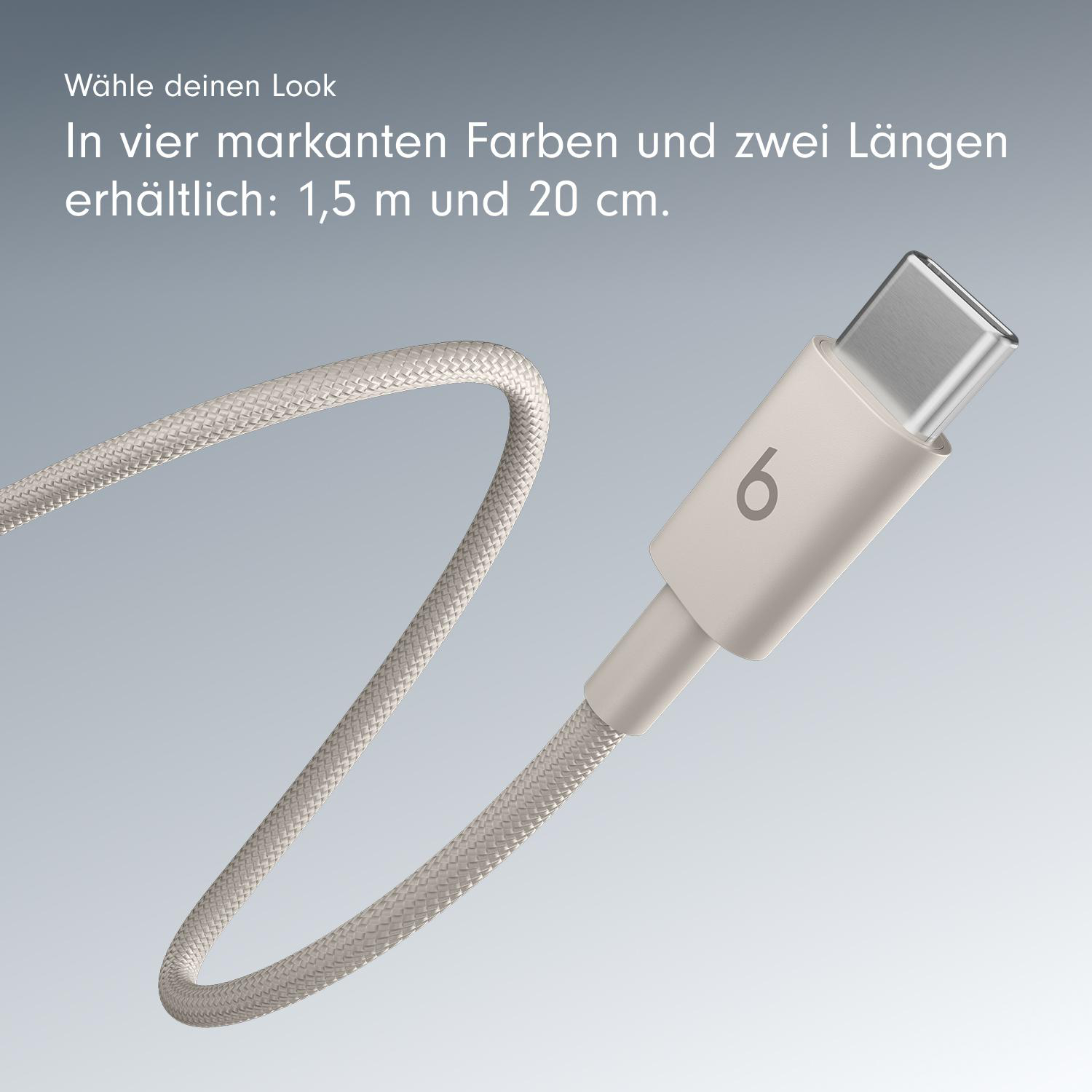 Ein weißes und graues USB-C-Kabel mit der Nummer '6' am Stecker und Text auf Deutsch.