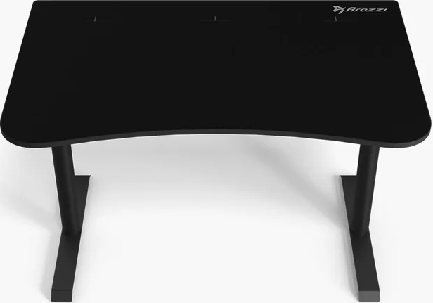 Schwarzer Gaming-Schreibtisch mit geschwungener Front und zwei Beinen.