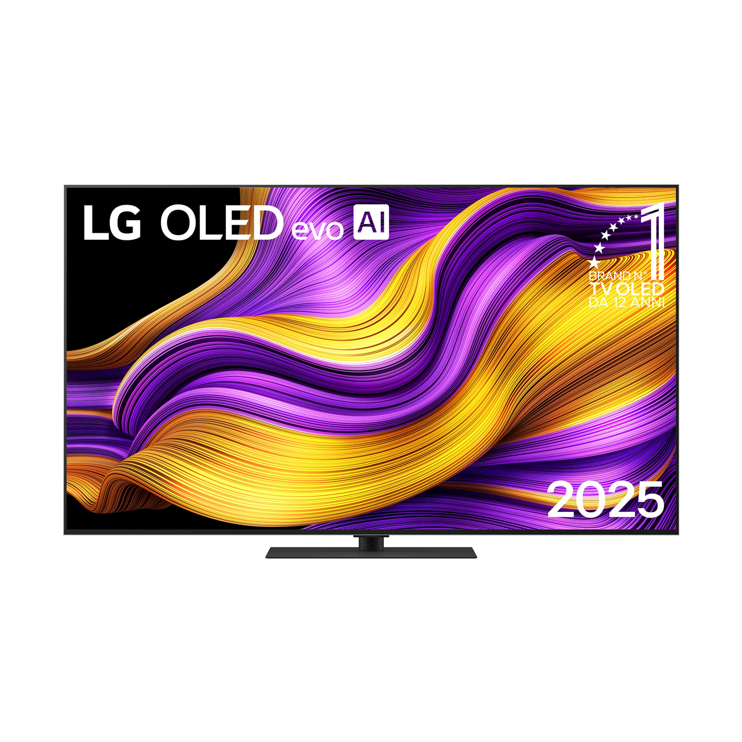 TV LG OLED evo AI. Cornice nera, schermo colorato con testo '2025' e 'Brand No. 1'.