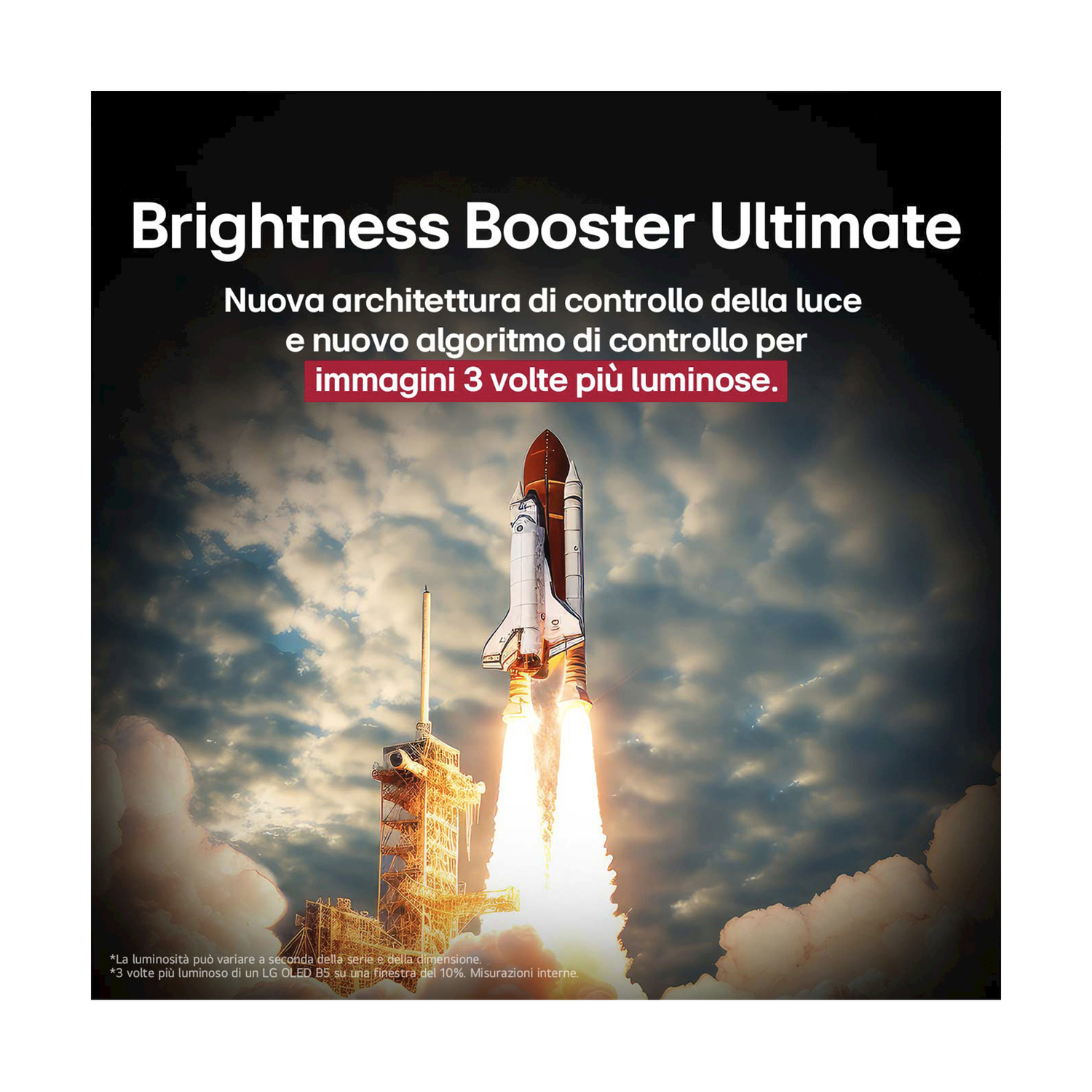Uno space shuttle che decolla verso il cielo, con testo sulla luminosità.