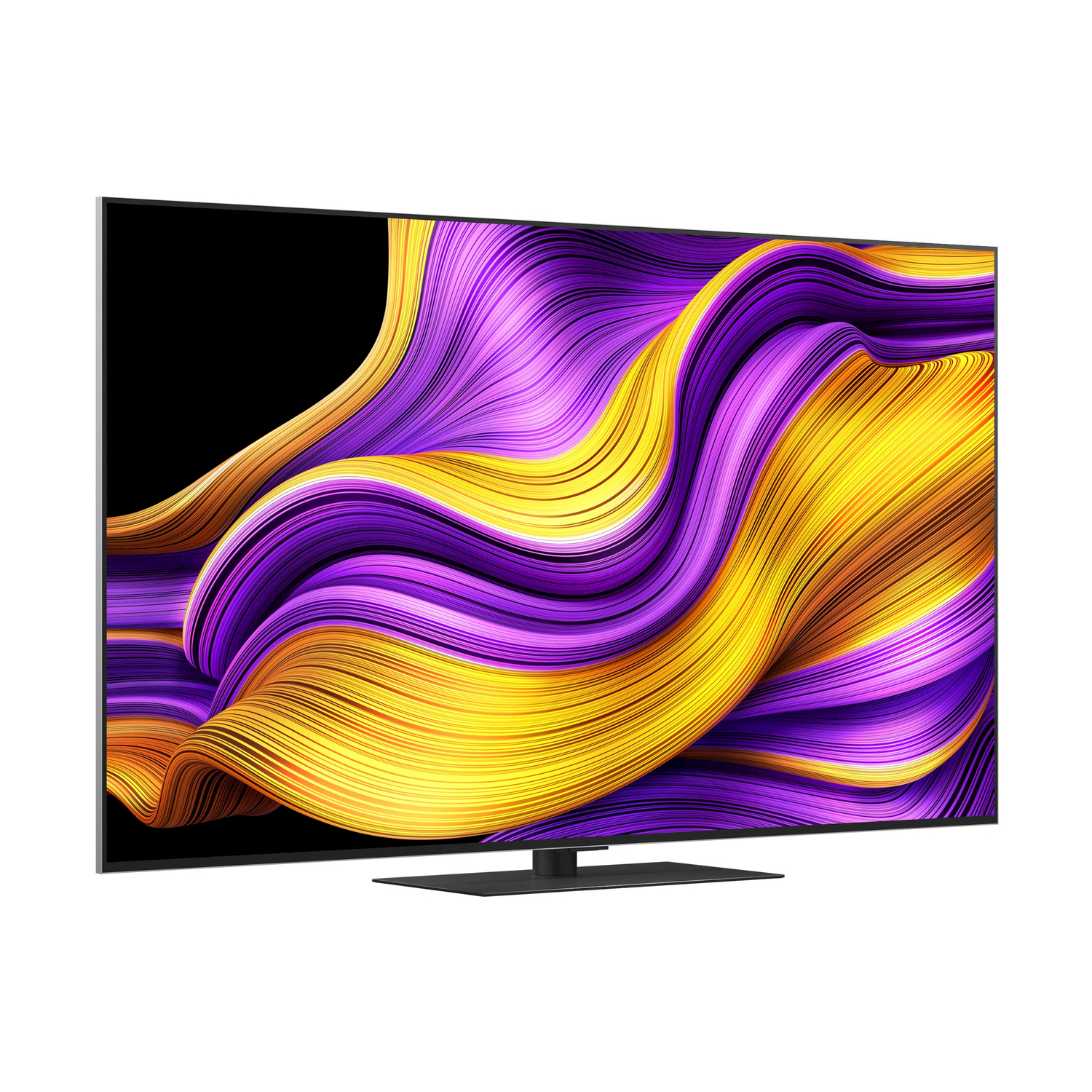 Grande TV che mostra arte astratta colorata con onde gialle e viola.