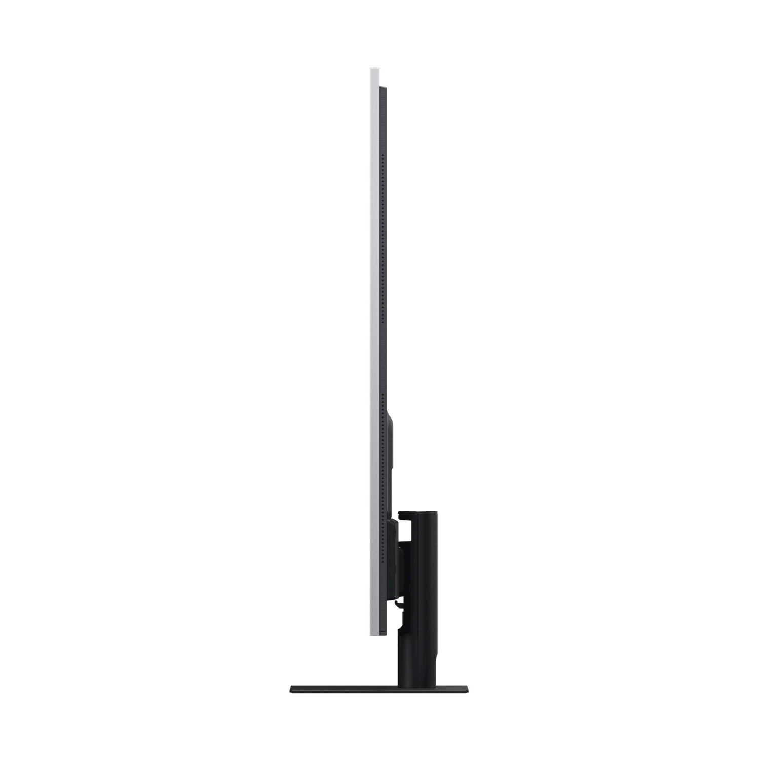 Una vista laterale di una TV. È nera, con un supporto nero. Lo sfondo è bianco.