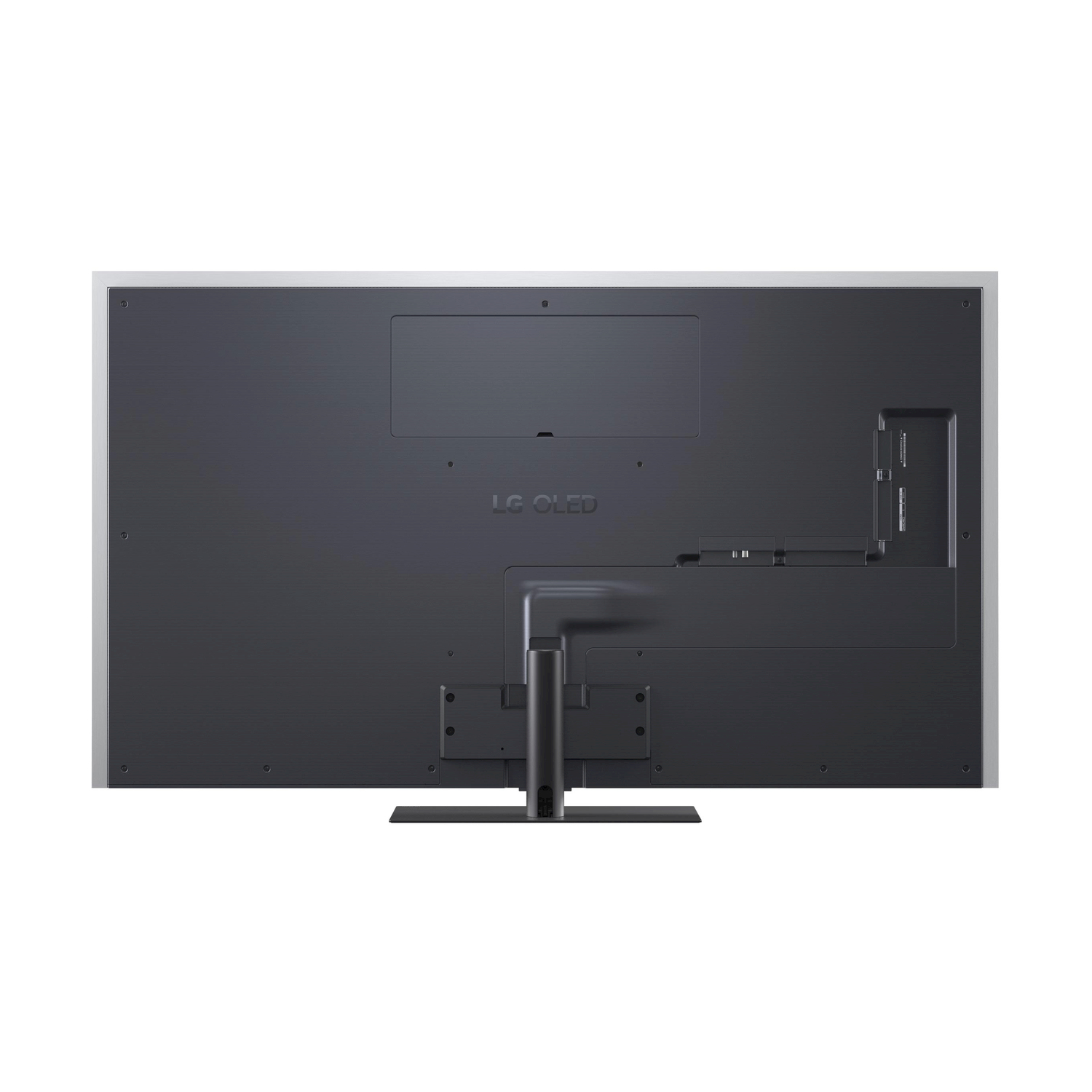Retro di un TV LG OLED, che mostra porte e connettori, con un design nero e argento.