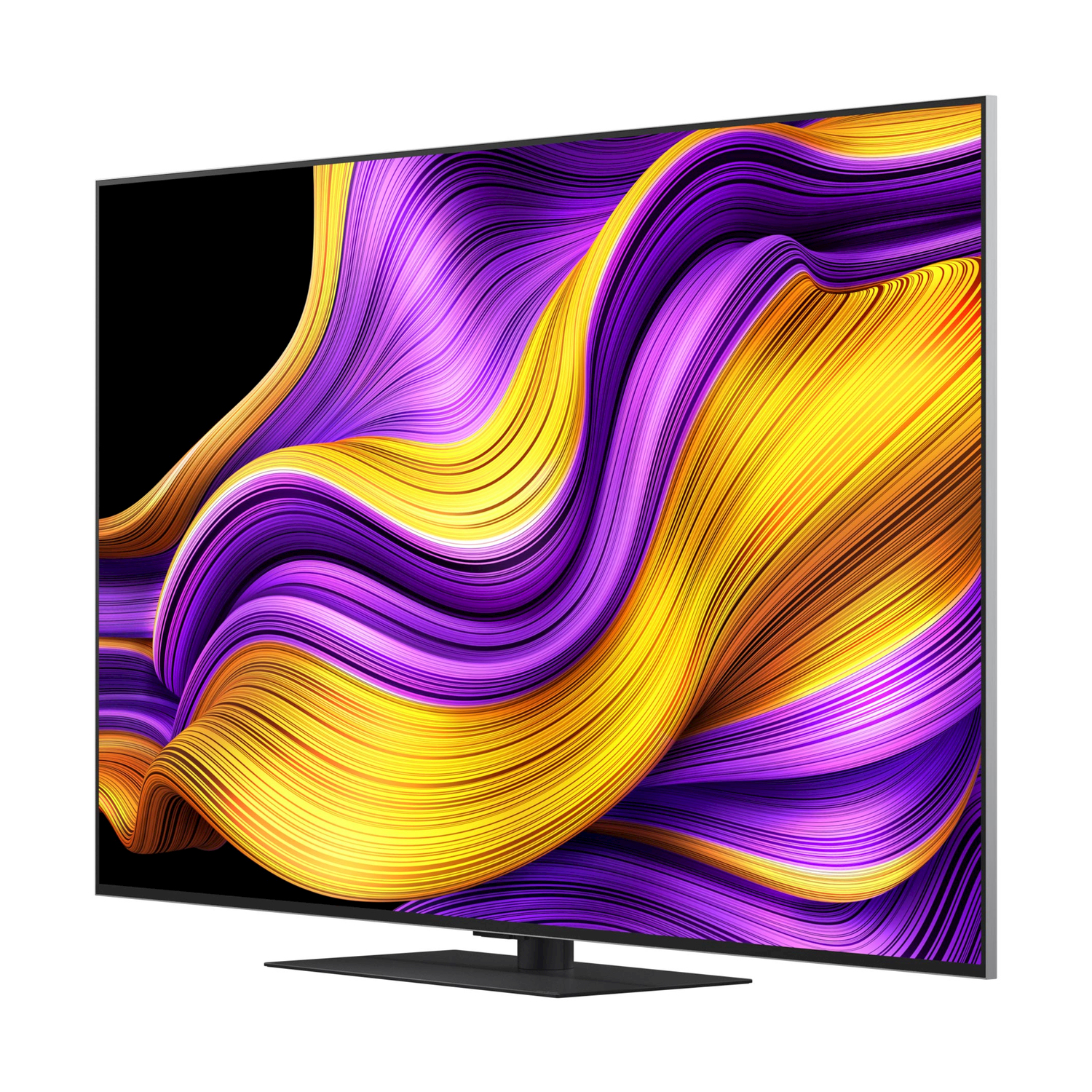 Grande TV che mostra arte astratta colorata con onde gialle e viola.