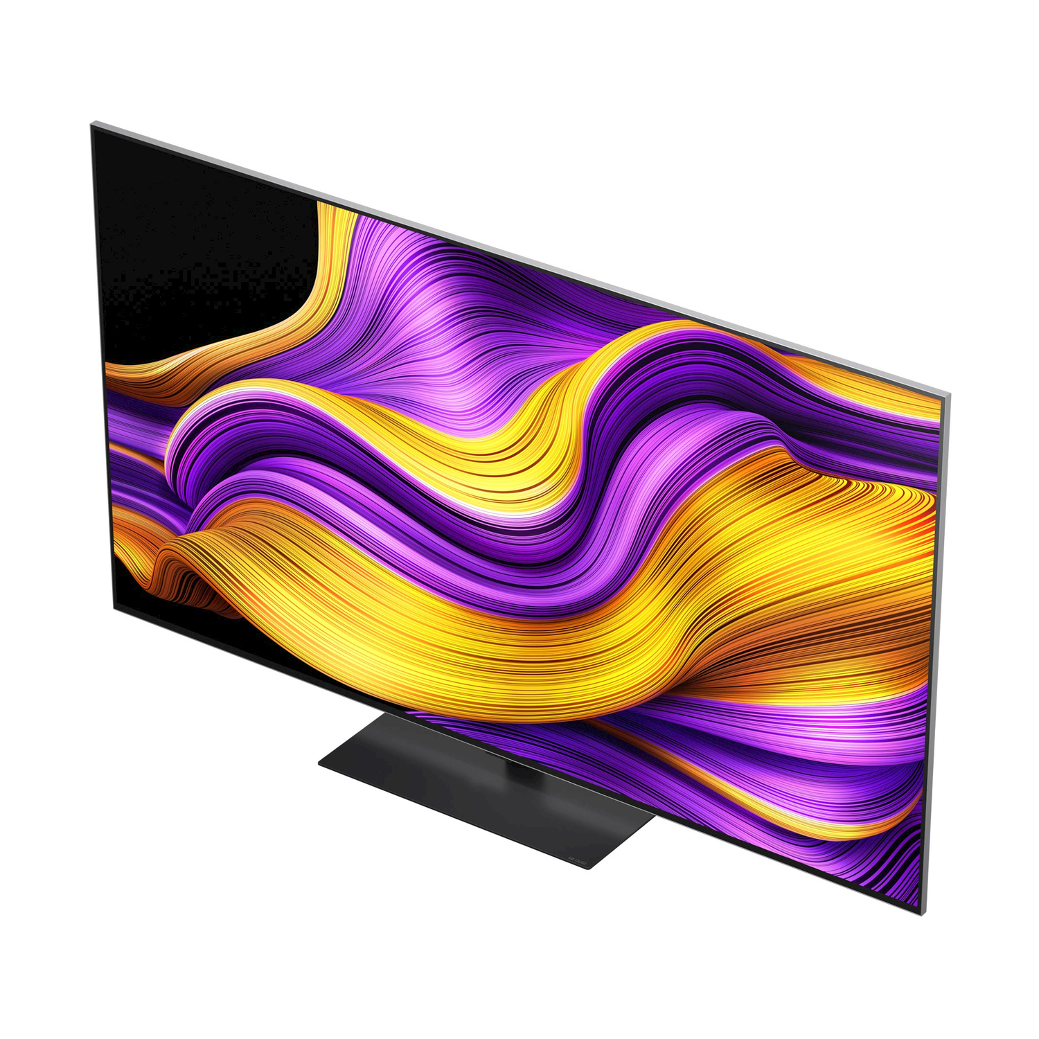 Grande TV che mostra arte astratta colorata con onde gialle e viola.